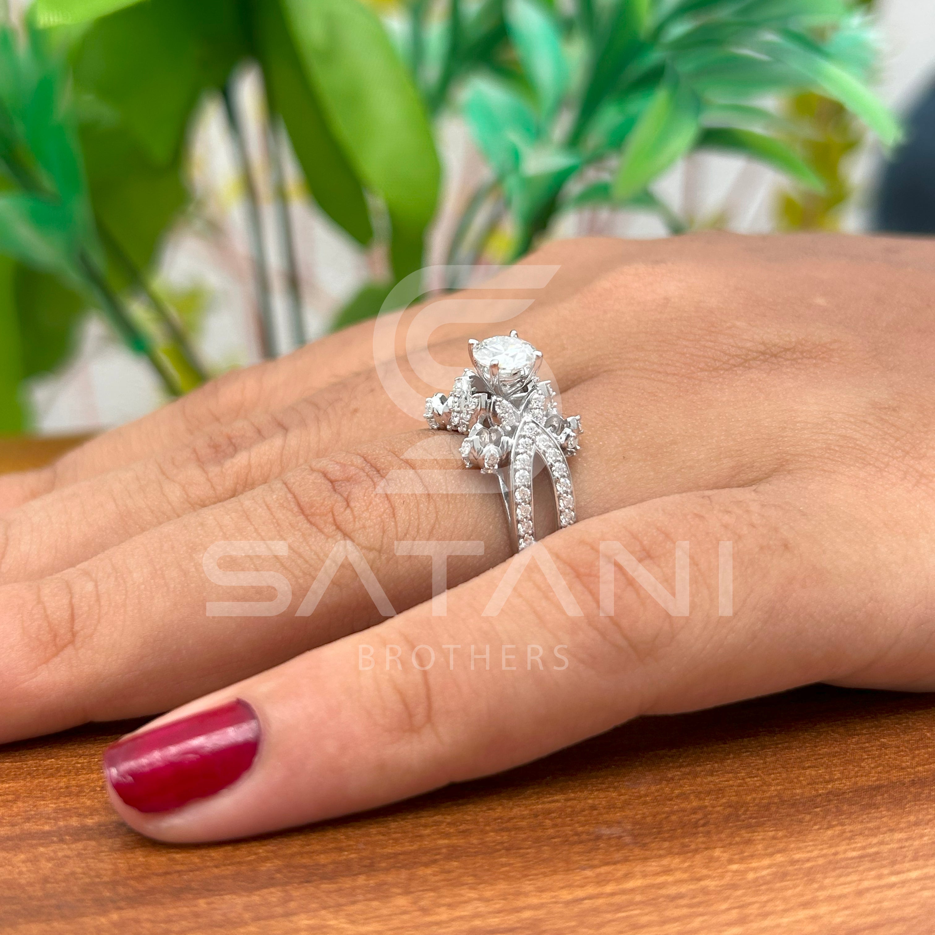 14K White Gold Unique Cluster Engagement Ring with Round Brilliant Cut Diamond & Pave Split Shank