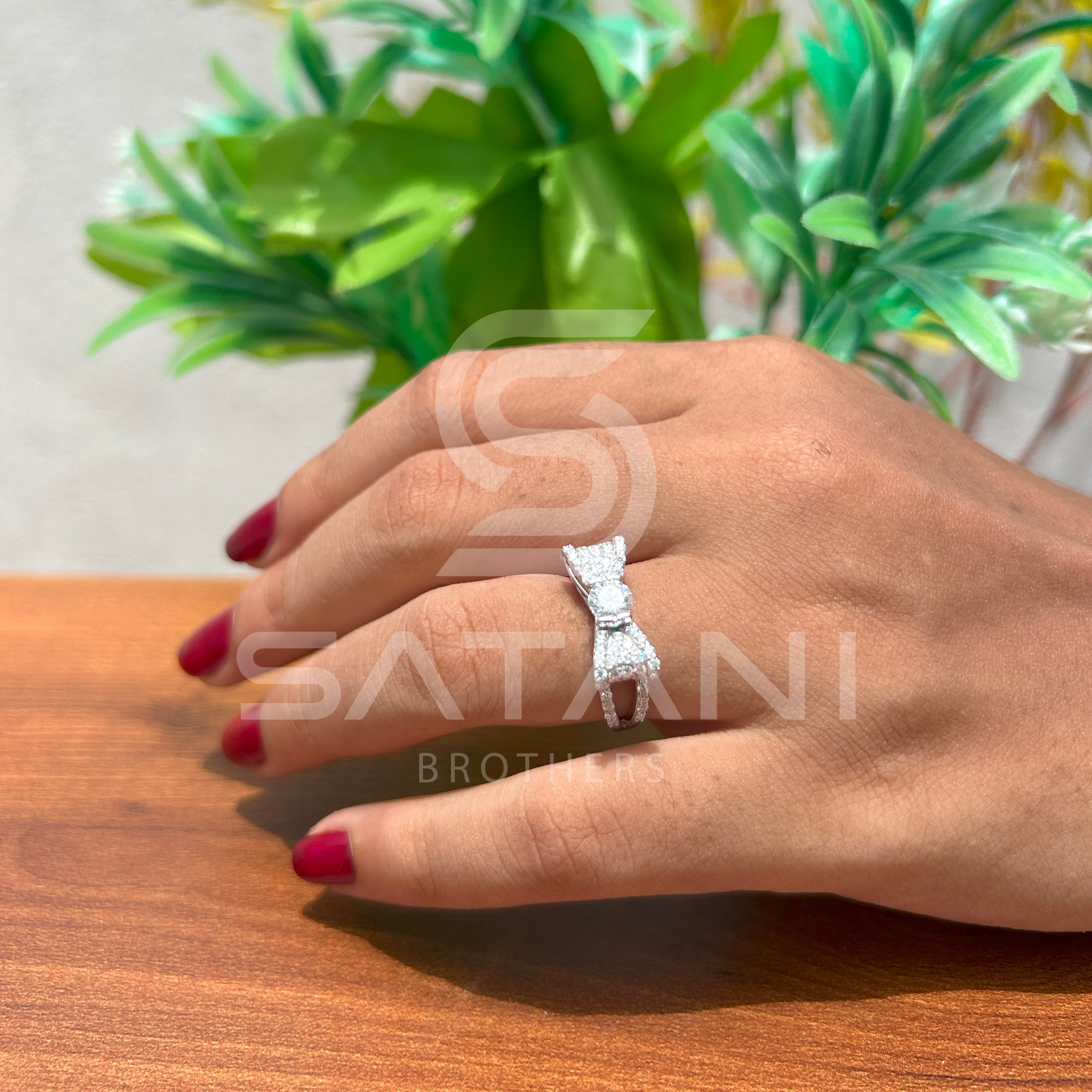 Moissanite Bow Engagement Ring – Round Cut Solitaire with Pave Diamond Accents, Unique Ribbon Design Bridal Ring, White Gold/Platinum"
