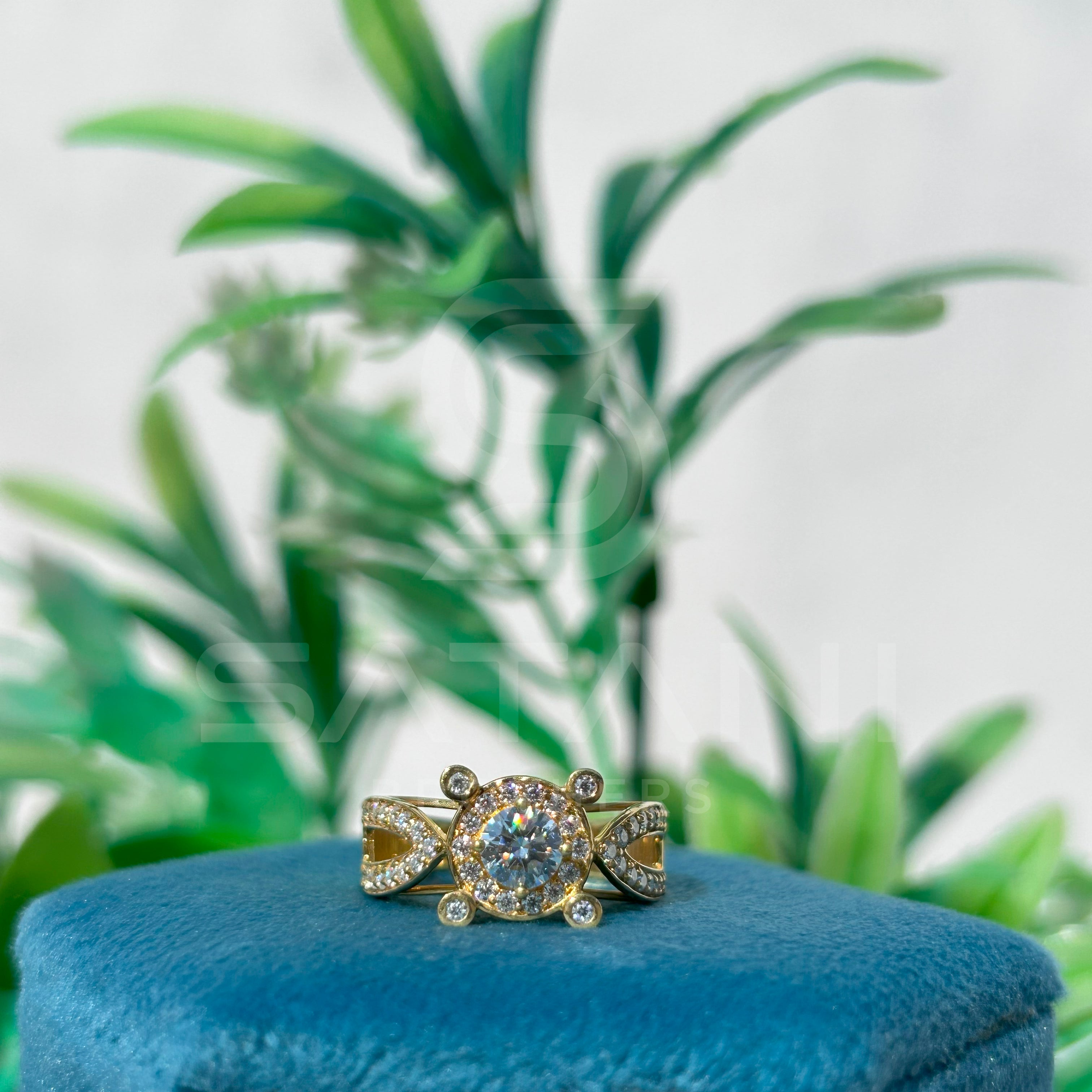 14K Gold Infinity Halo Engagement Ring with Round Brilliant Cut Center Stone & Diamond Accents