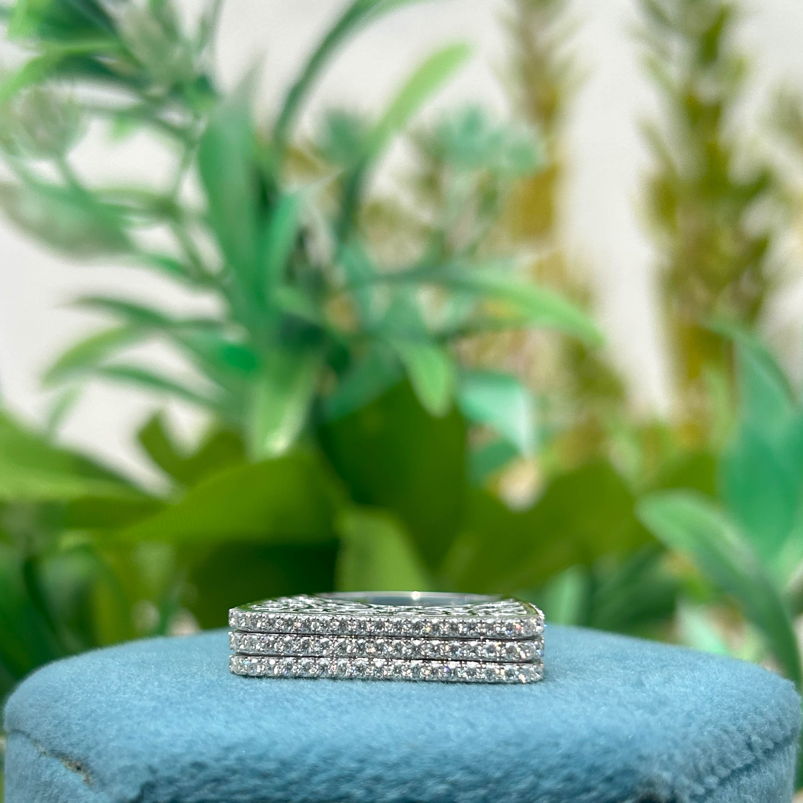 Elegant Wide Band Pave Diamond Ring – Multi-Row Rectangle Top with Filigree Design, Statement Cocktail Ring