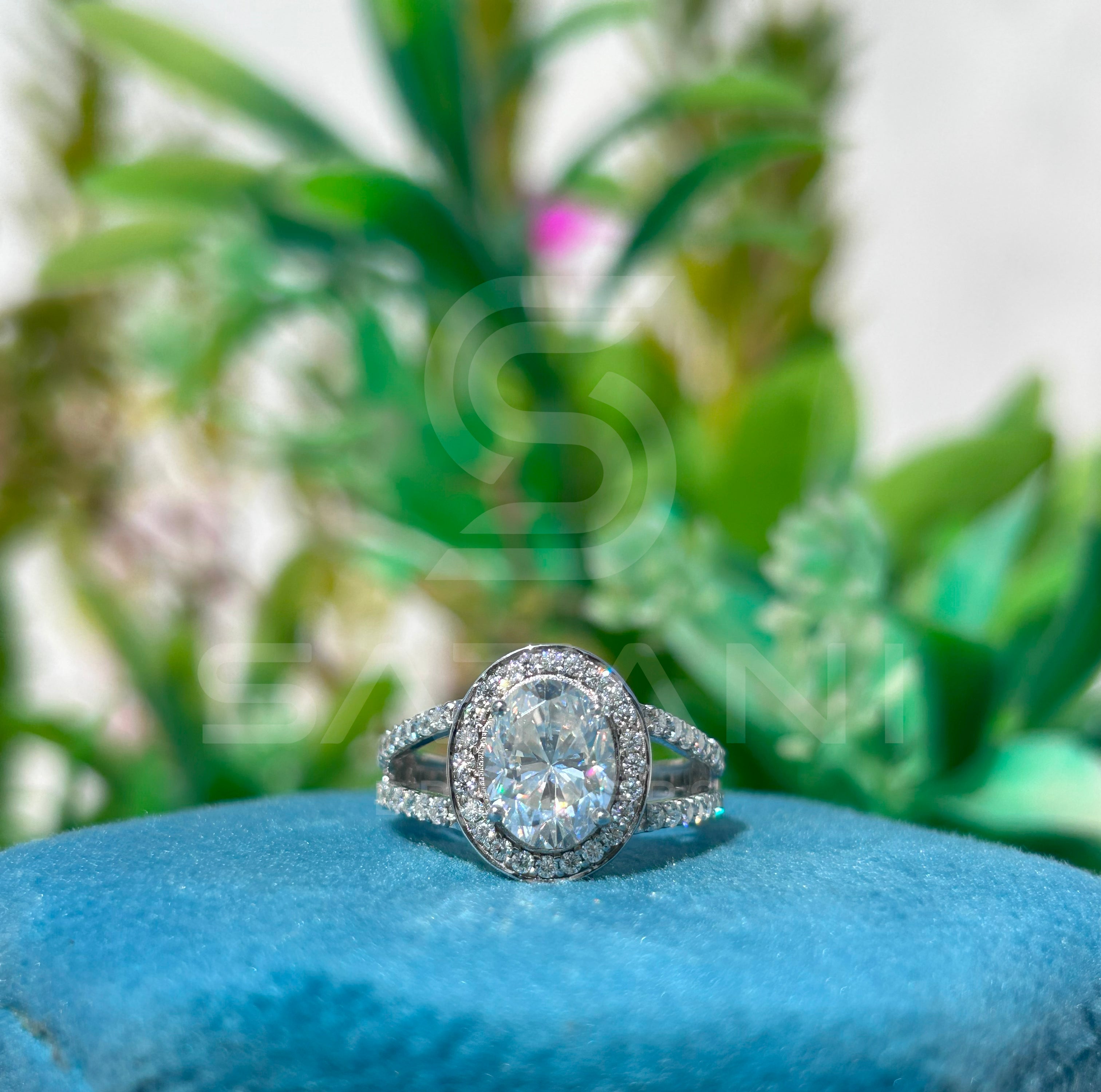 "Oval Cut Halo Diamond Engagement Ring with Split Shank – White Gold Oval Solitaire with Pave Band"