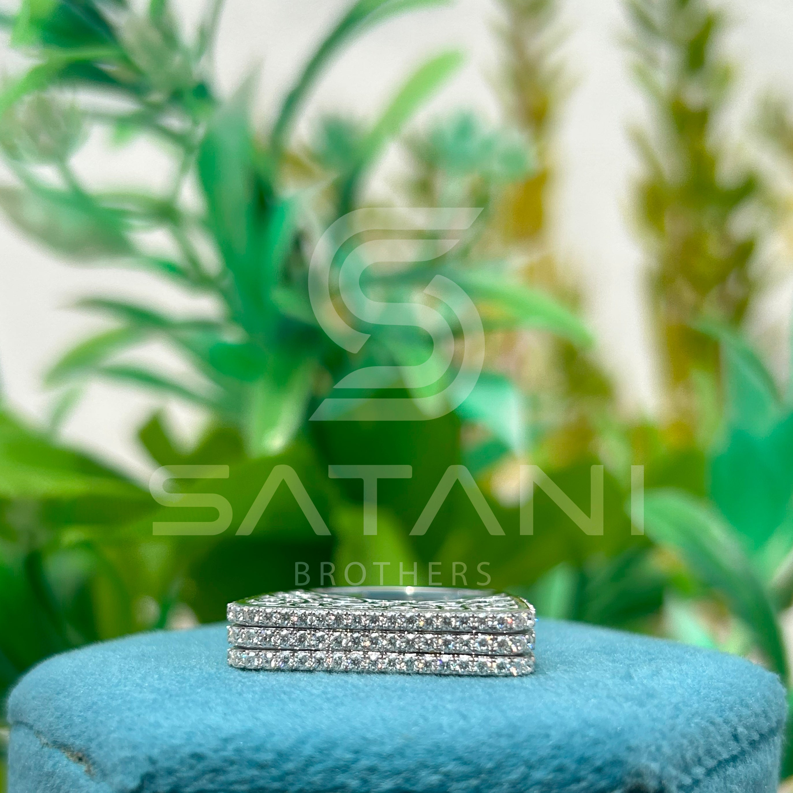 Elegant Wide Band Pave Diamond Ring – Multi-Row Rectangle Top with Filigree Design, Statement Cocktail Ring