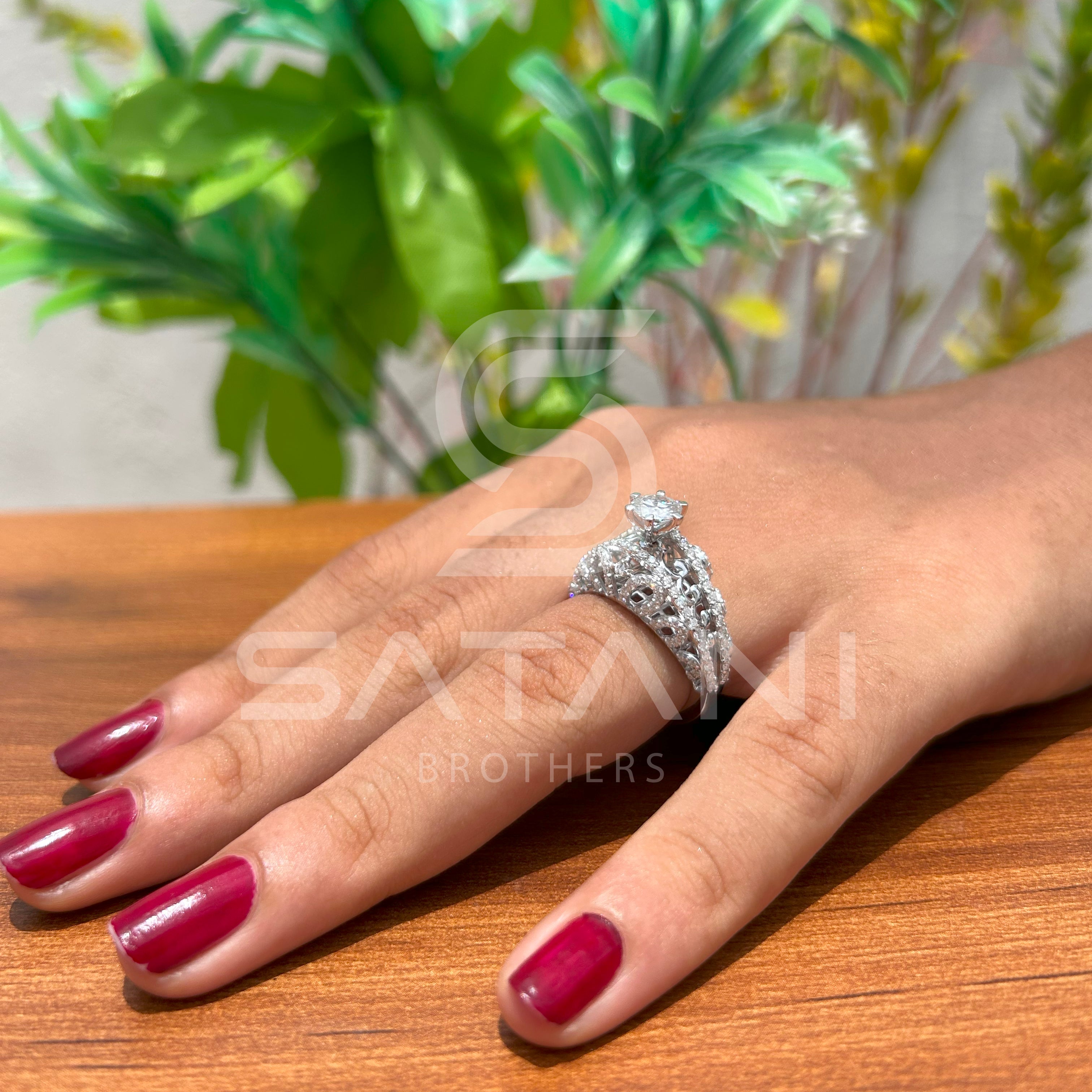 "Vintage-Inspired Oval Halo Engagement Ring – Triple Row Pave Band with Filigree Detailing"