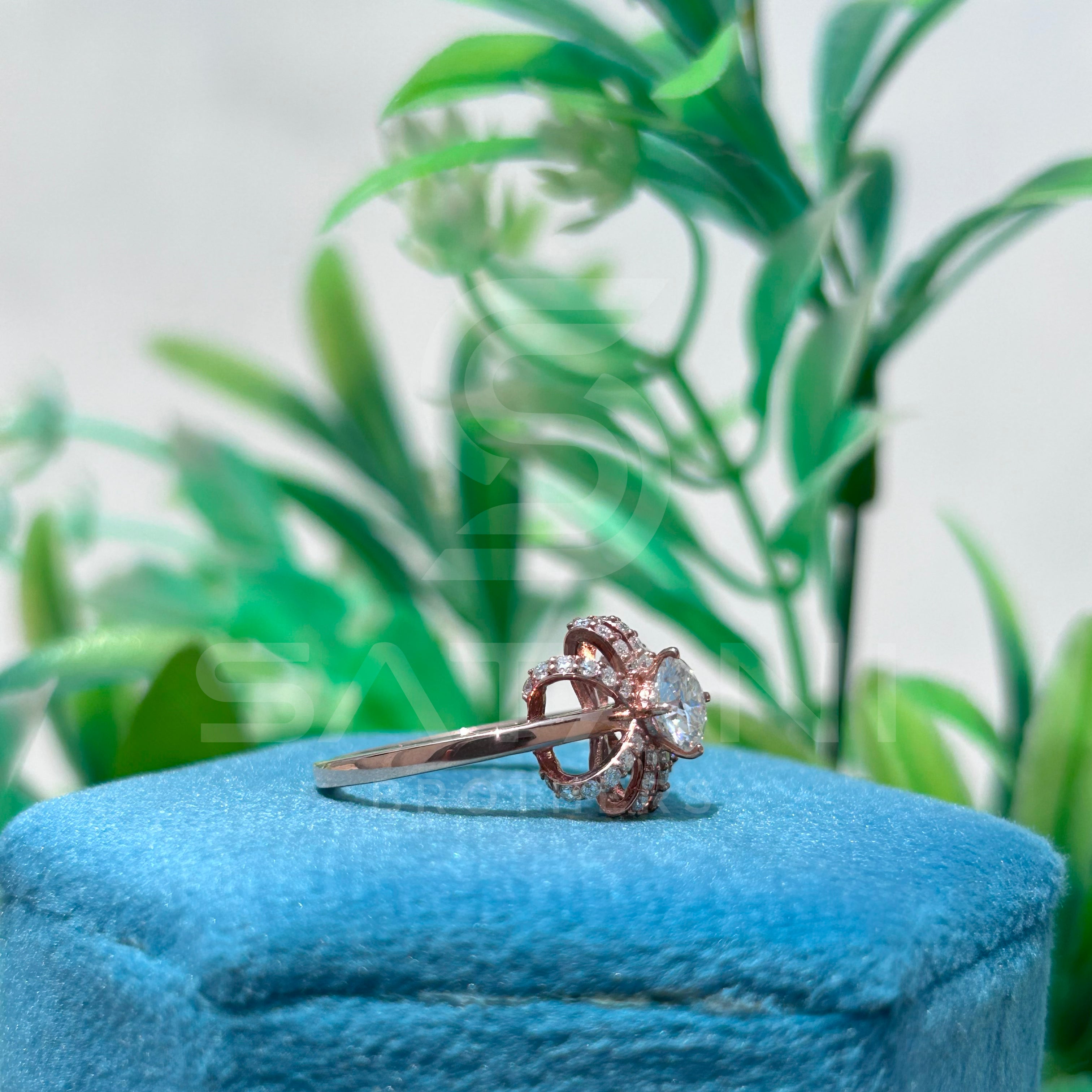Starburst Moissanite Engagement Ring | Round Cut Center with Diamond Halo Rays | Unique Rose Gold Statement Ring | Dainty Promise Ring for Her