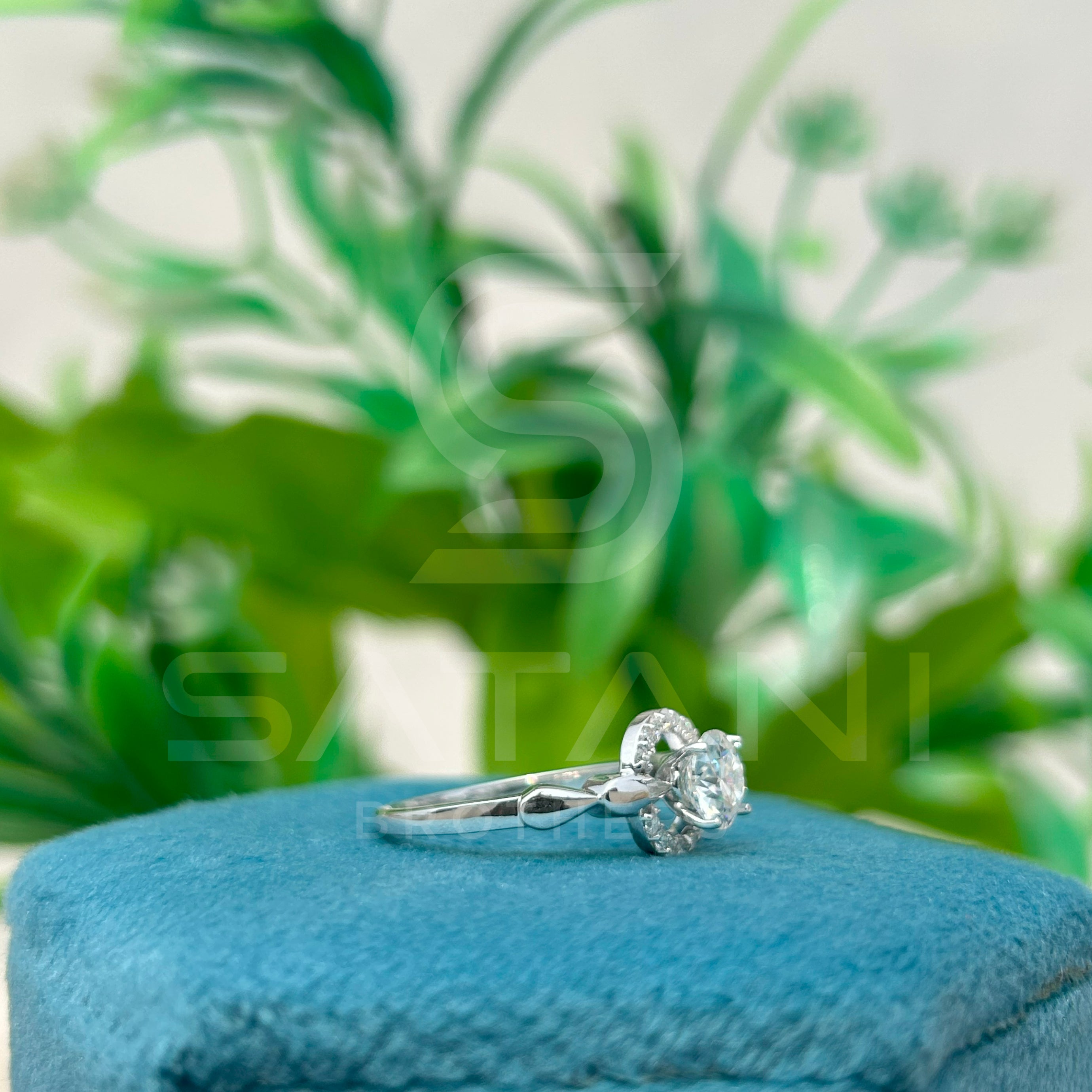 14K White Gold Halo Engagement Ring with Round Brilliant Cut Diamond & Pave Band