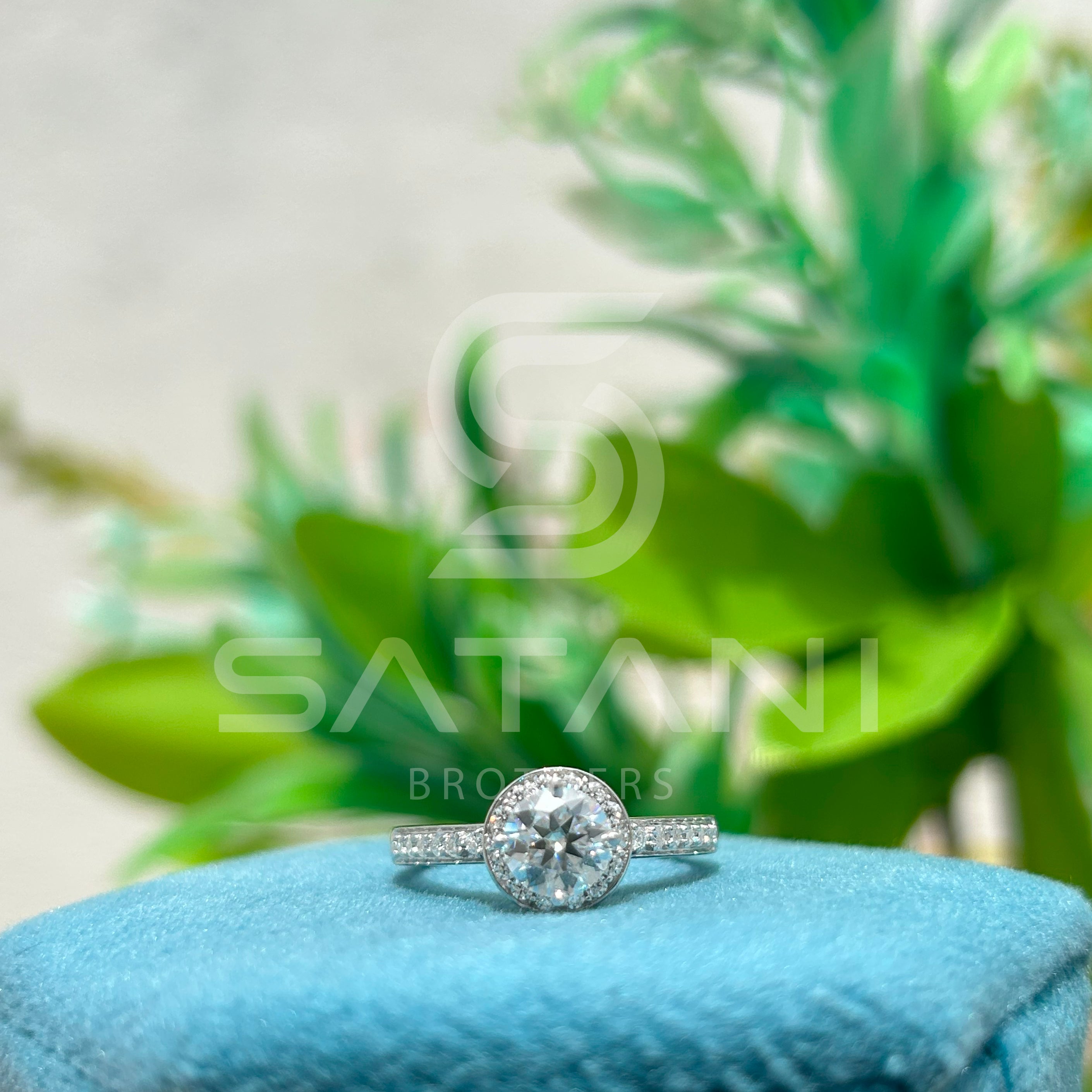 Moissanite Halo Engagement Ring – Round Cut Solitaire with Pave Band, Classic Diamond Alternative Bridal Ring, White Gold