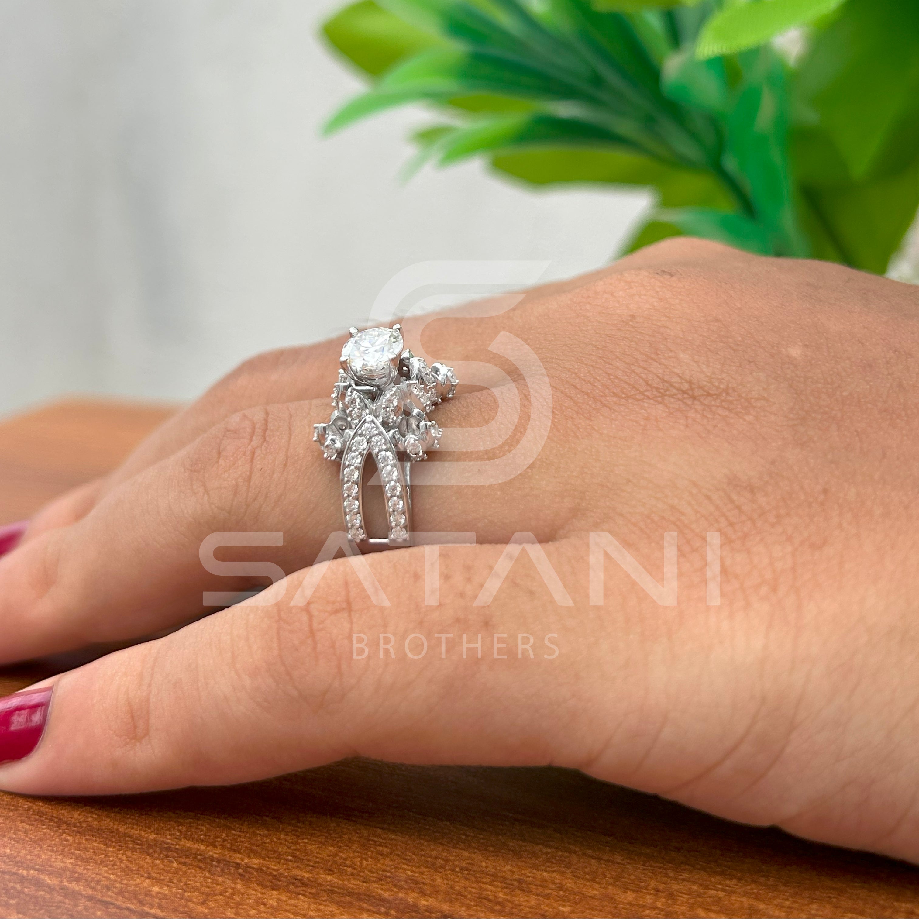 14K White Gold Unique Cluster Engagement Ring with Round Brilliant Cut Diamond & Pave Split Shank