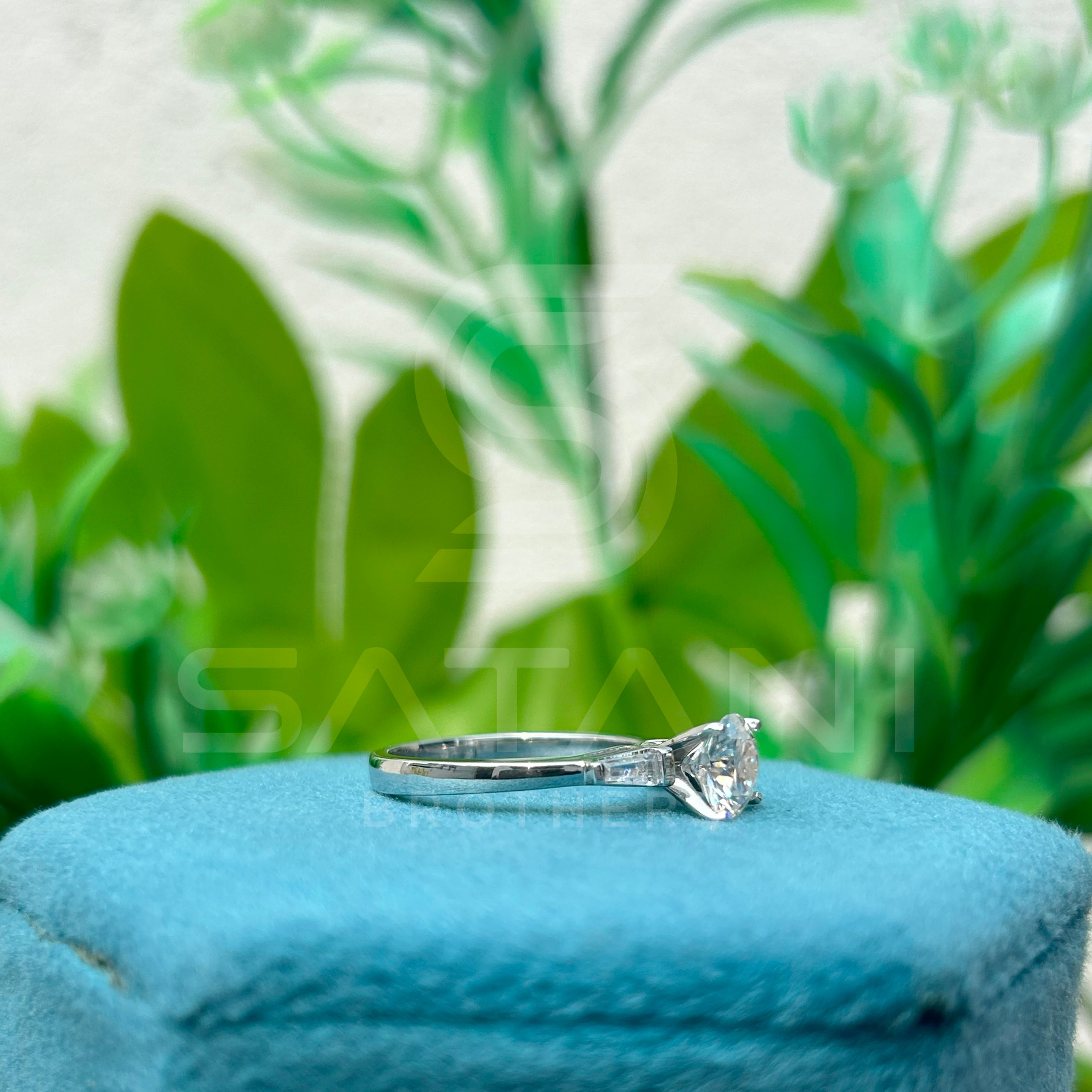 "Round Cut Moissanite Solitaire Engagement Ring with Side Baguettes" π