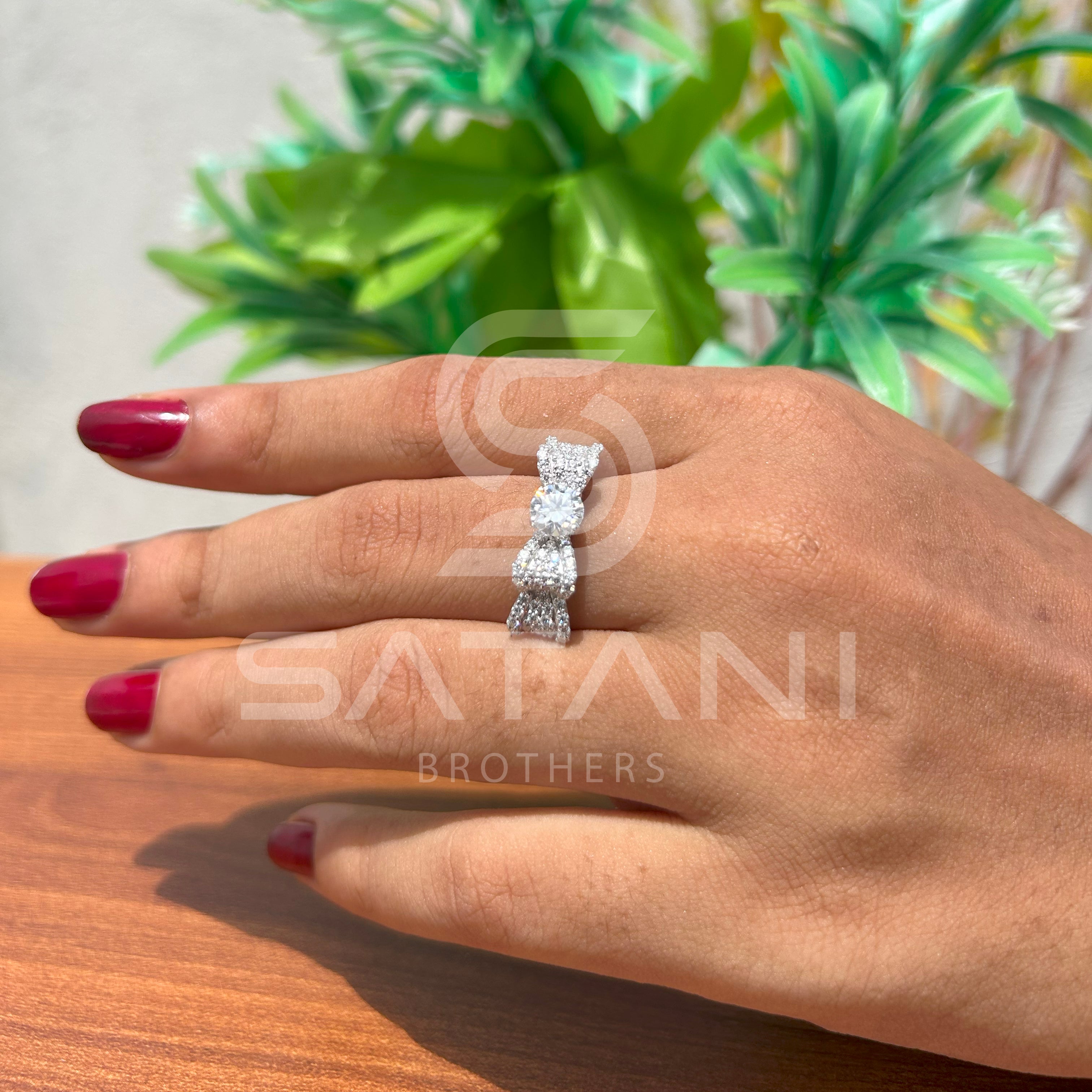 14K White Gold Bow Design Engagement Ring with Round Brilliant Cut Diamond & Pave Accents
