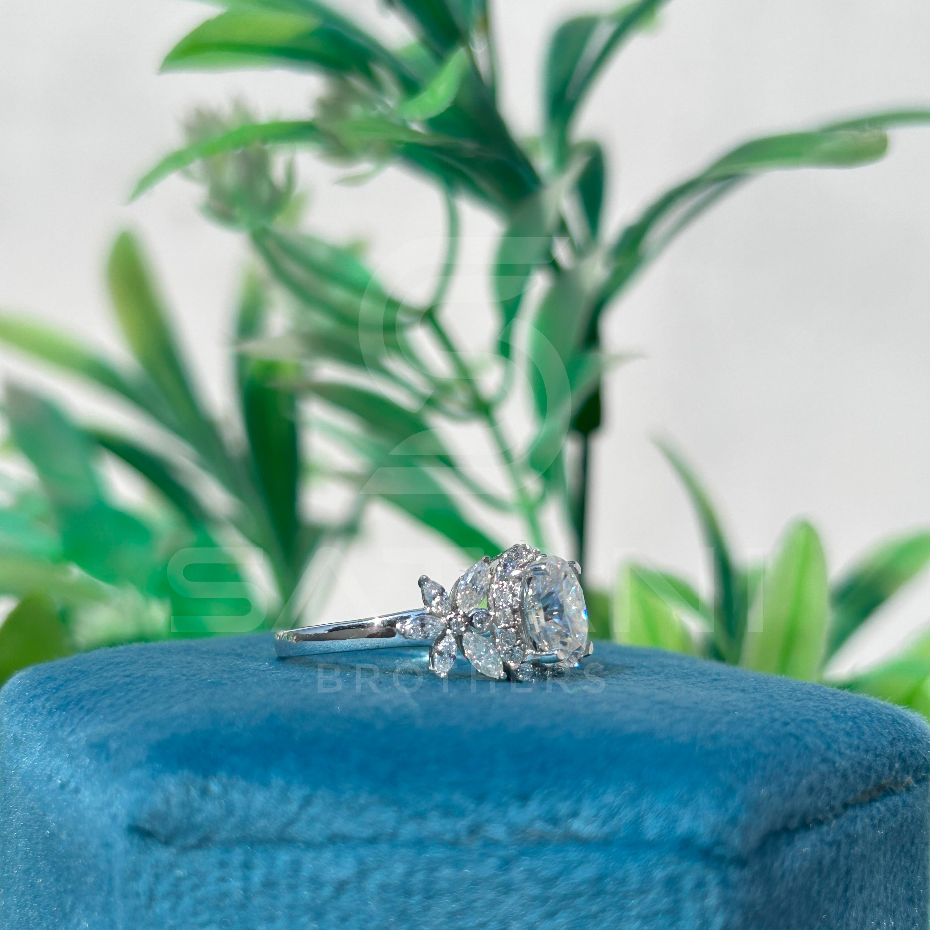 Oval Moissanite Floral Halo Engagement Ring – Marquise Petal Accents on Classic Shank