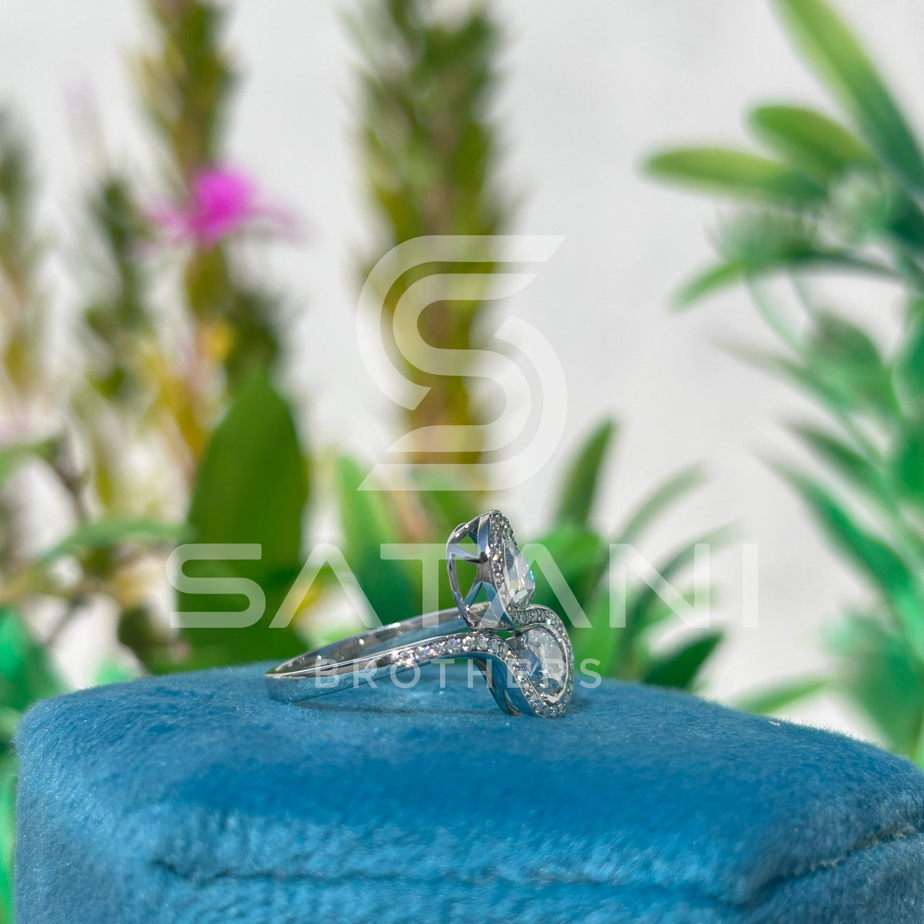 Bypass Pear Moissanite Ring | Dual Teardrop with Round Side Sparkle | Elegant Two-Stone Ring