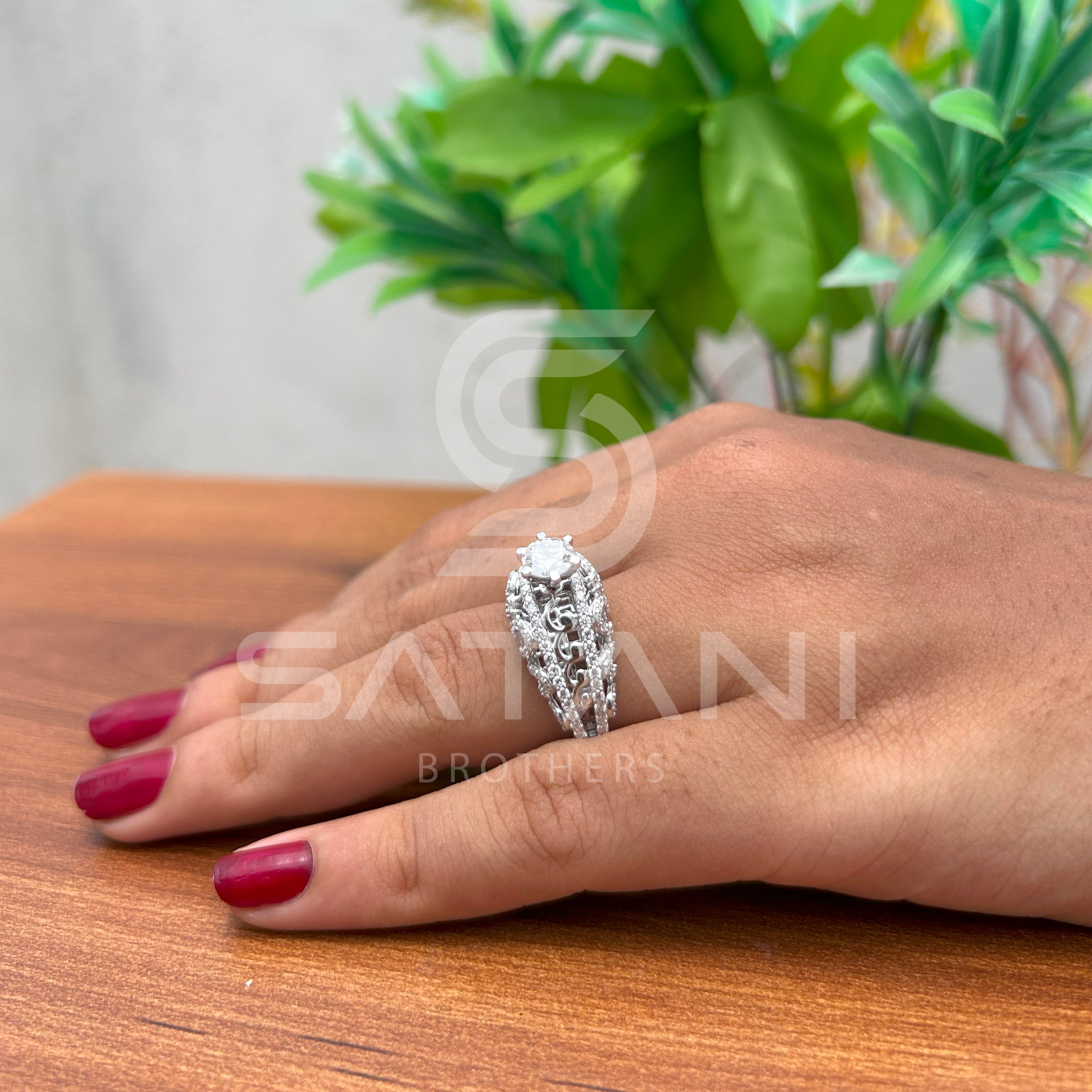 "Vintage-Inspired Oval Halo Engagement Ring – Triple Row Pave Band with Filigree Detailing"