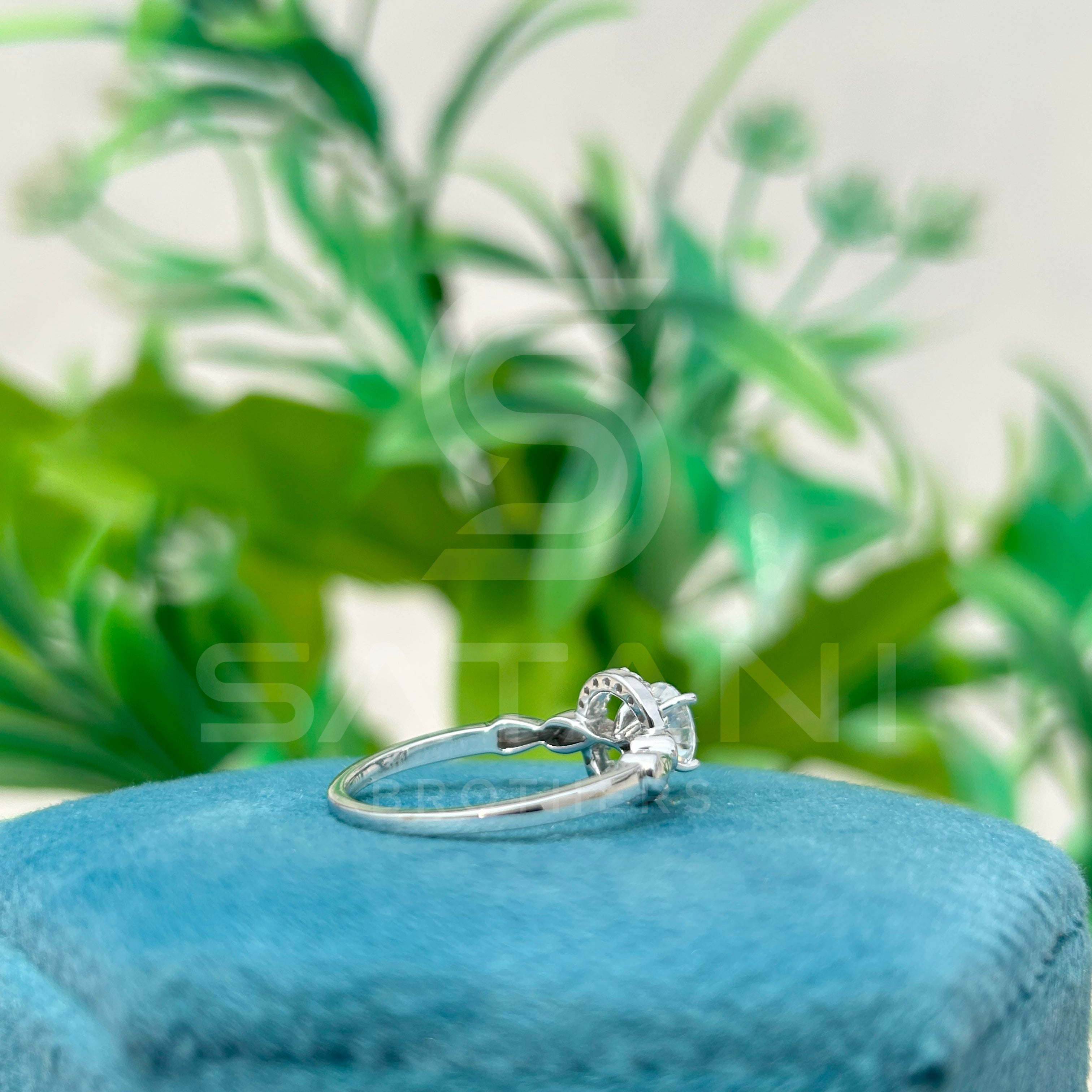 14K White Gold Halo Engagement Ring with Round Brilliant Cut Diamond & Pave Band