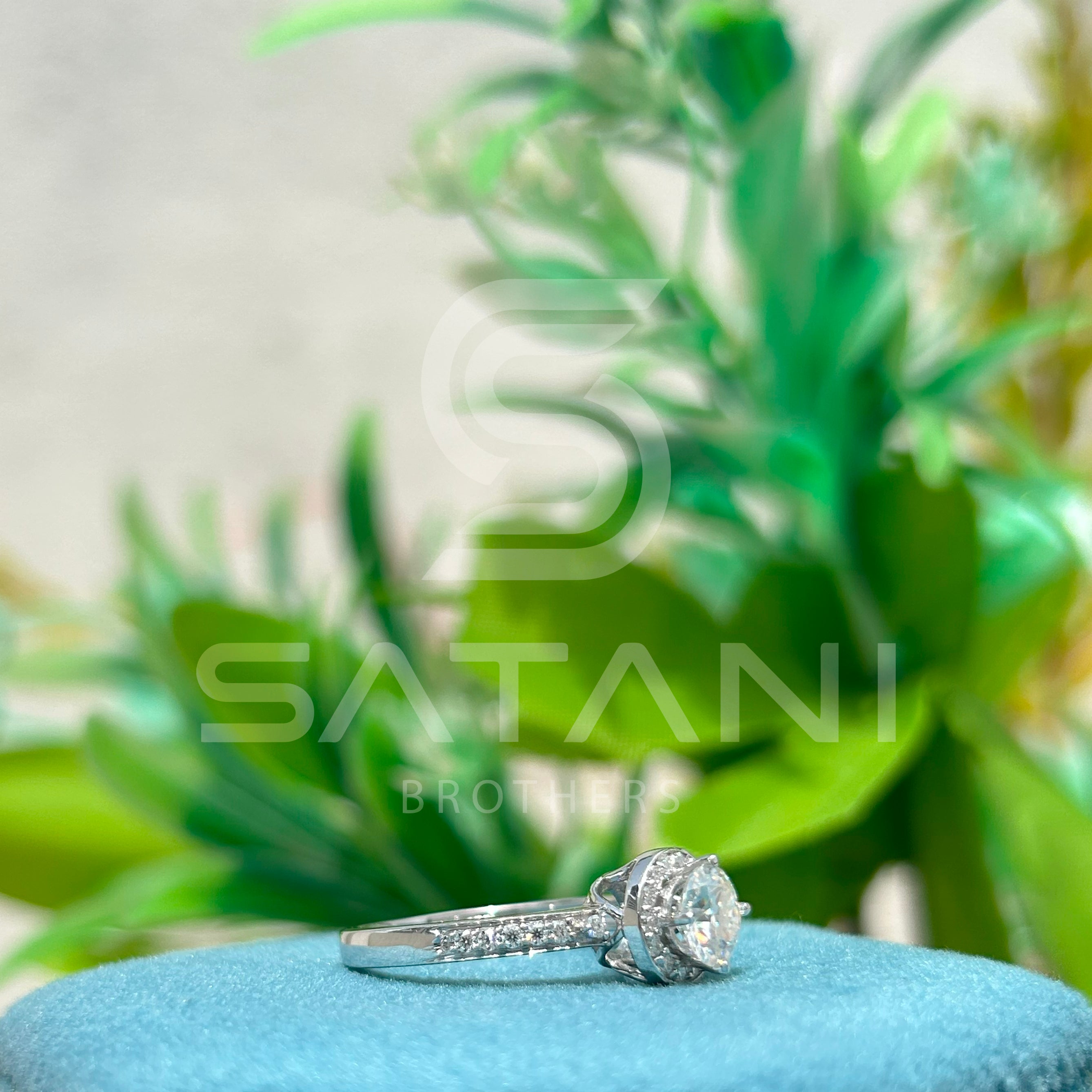 Moissanite Halo Engagement Ring – Round Cut Solitaire with Pave Band, Classic Diamond Alternative Bridal Ring, White Gold