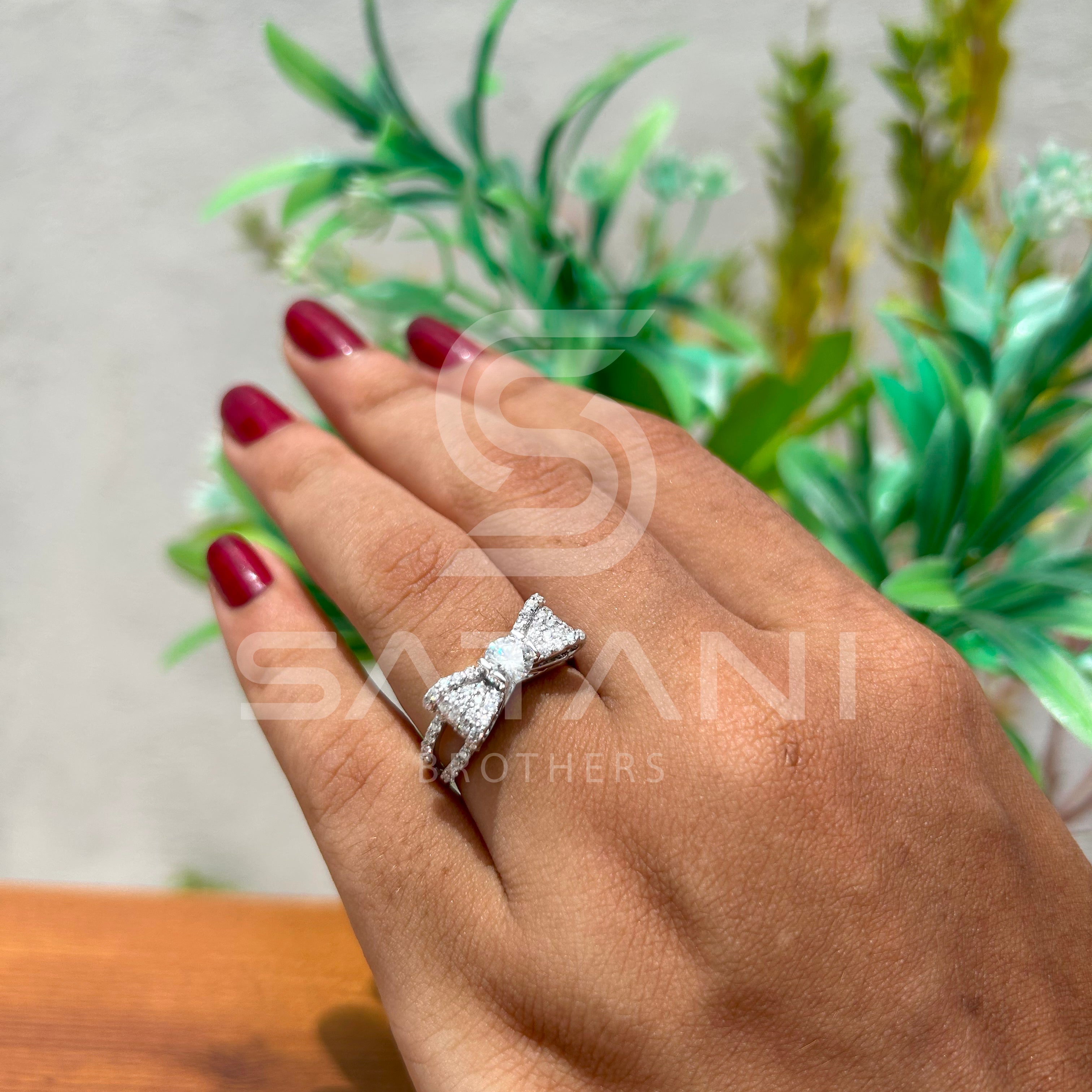 Moissanite Bow Engagement Ring – Round Cut Solitaire with Pave Diamond Accents, Unique Ribbon Design Bridal Ring, White Gold/Platinum"
