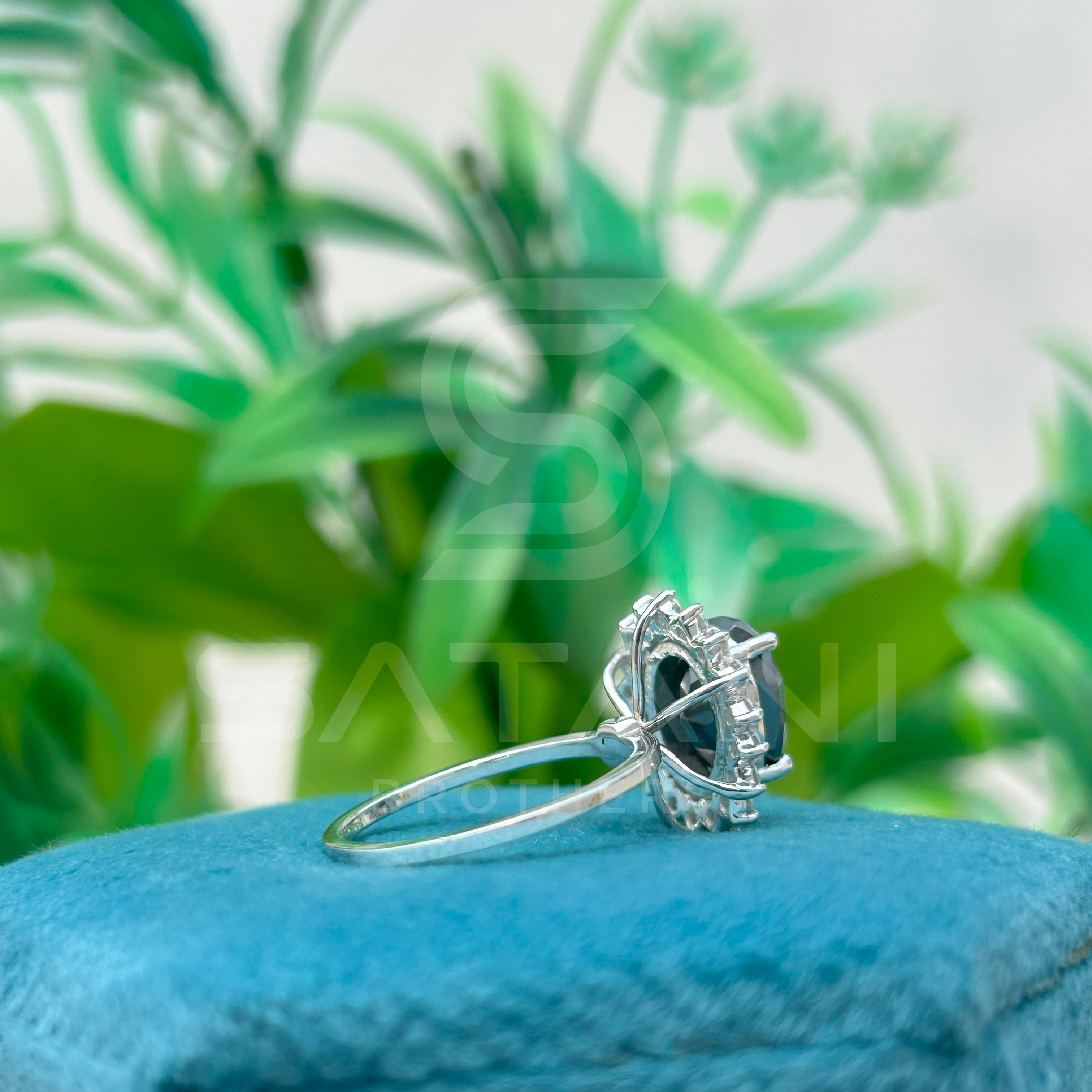 "Oval Black Diamond Halo Ring in White Gold"