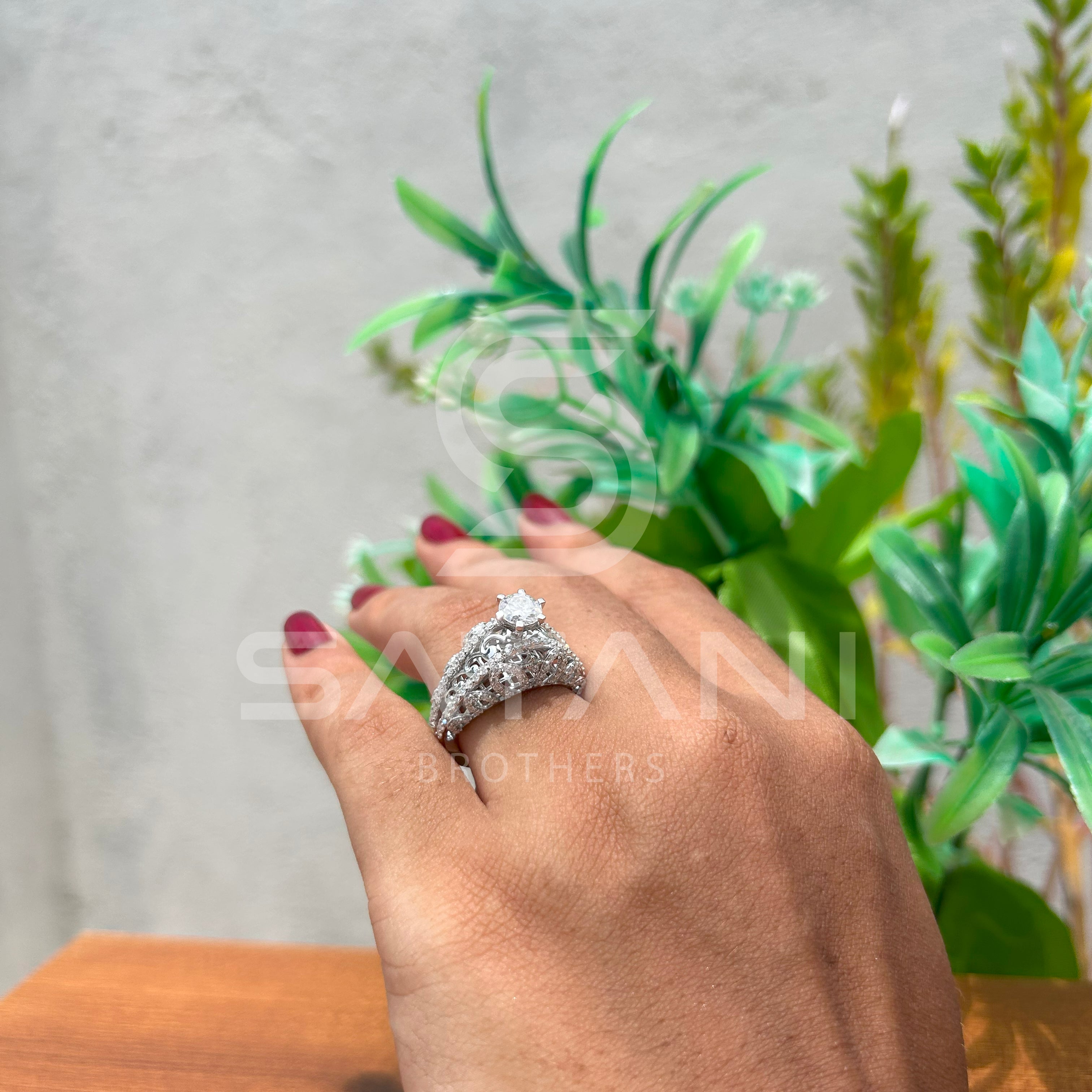 "Vintage-Inspired Oval Halo Engagement Ring – Triple Row Pave Band with Filigree Detailing"