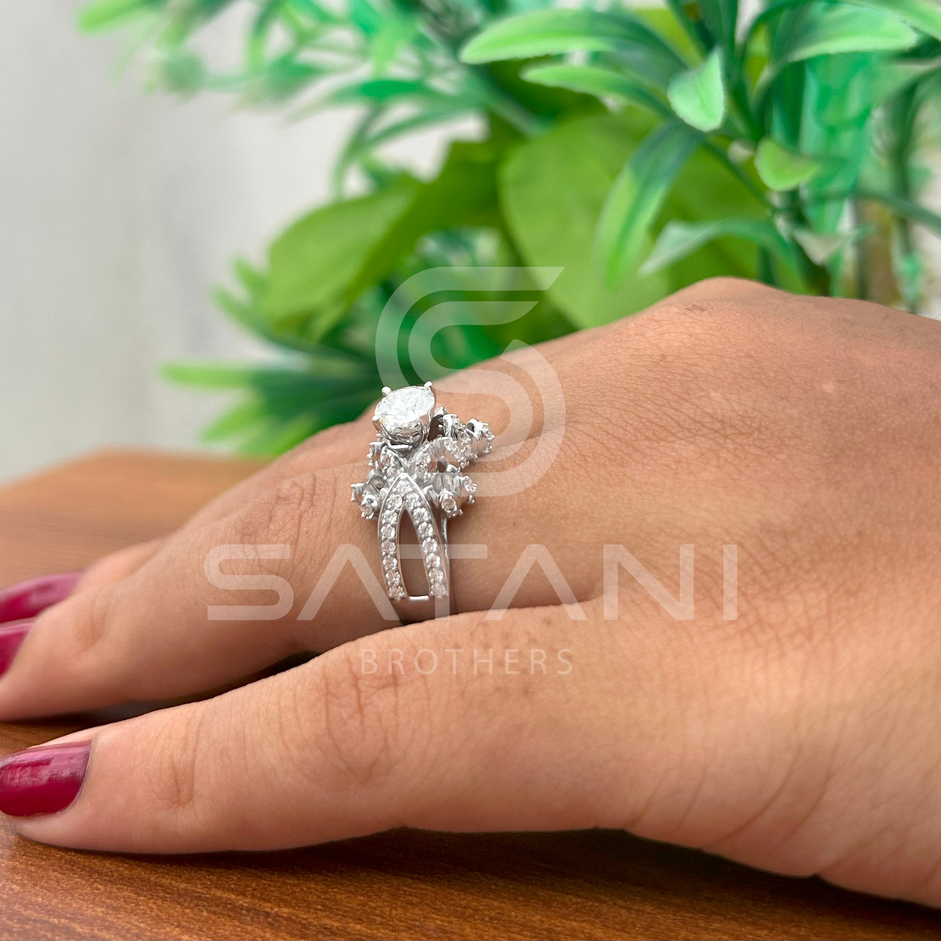 14K White Gold Unique Cluster Engagement Ring with Round Brilliant Cut Diamond & Pave Split Shank