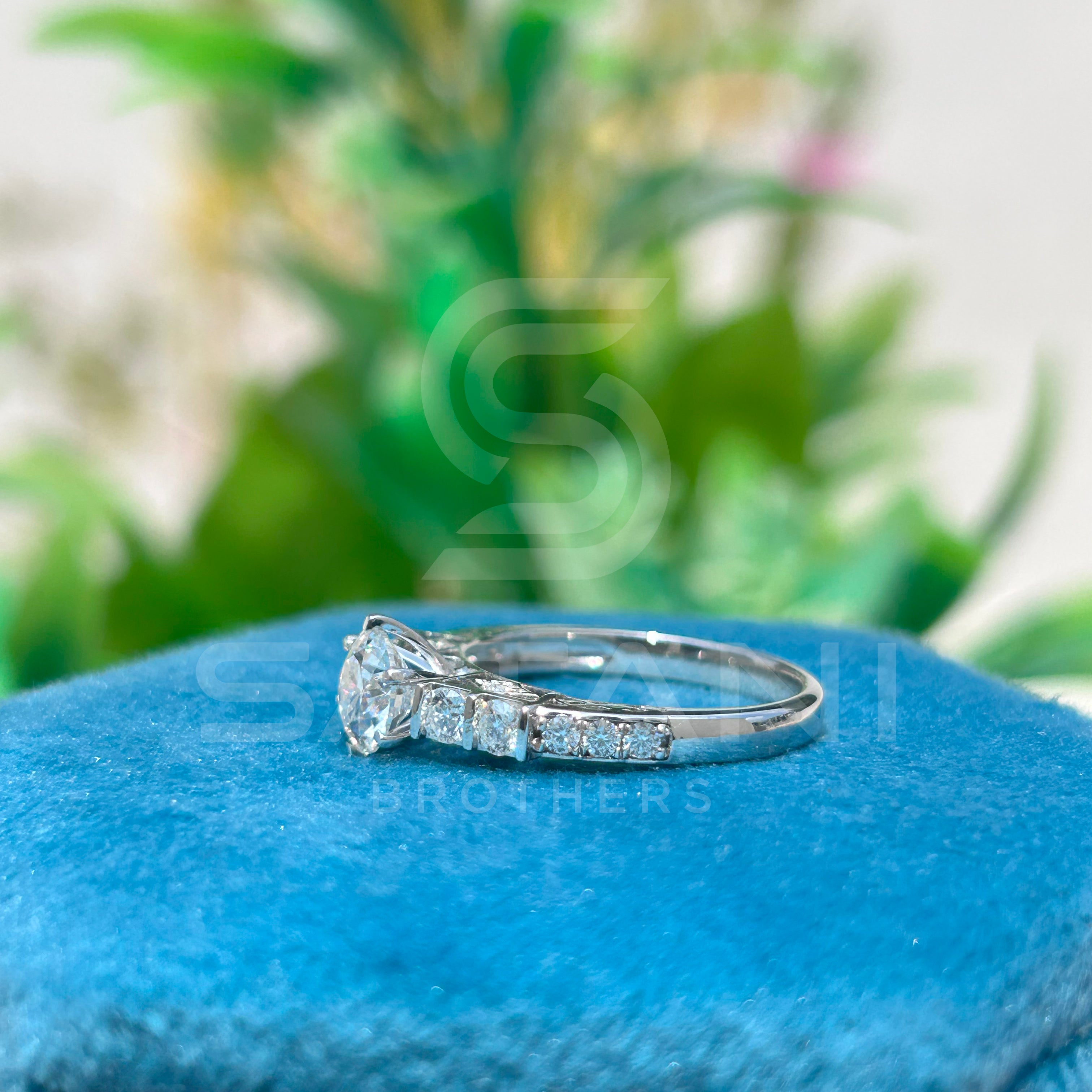 Round Cut Moissanite Engagement Ring | 14K White Gold | Dainty Solitaire with Side Stones | Bridal Ring | Sparkly Promise Ring | Gift for Her