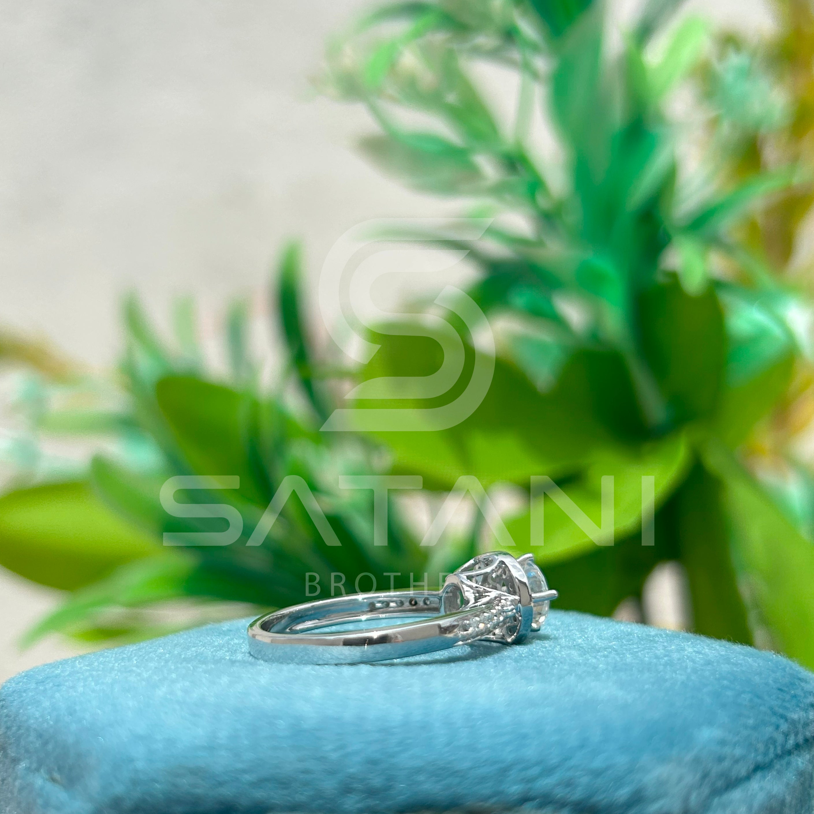 Moissanite Halo Engagement Ring – Round Cut Solitaire with Pave Band, Classic Diamond Alternative Bridal Ring, White Gold