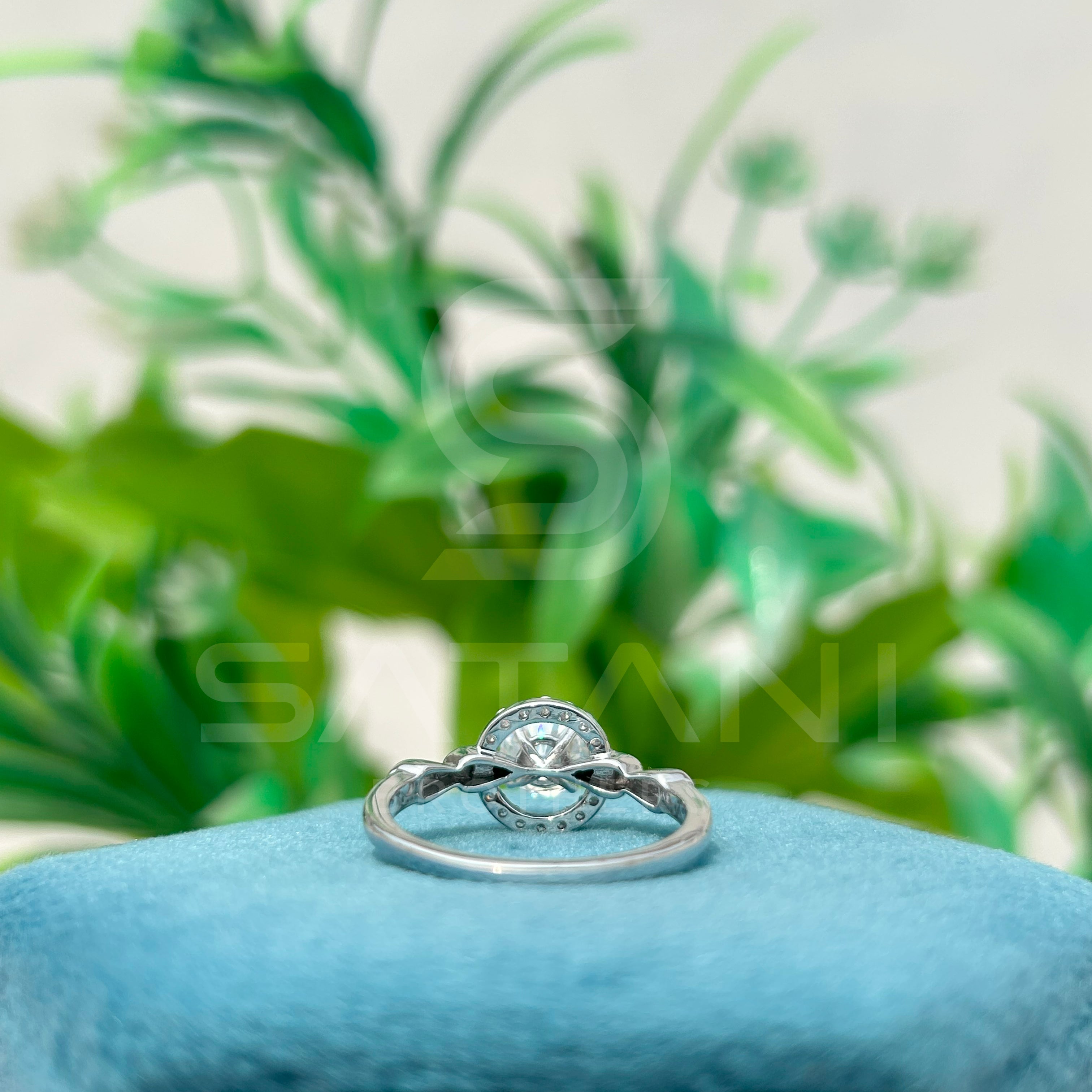 14K White Gold Halo Engagement Ring with Round Brilliant Cut Diamond & Pave Band