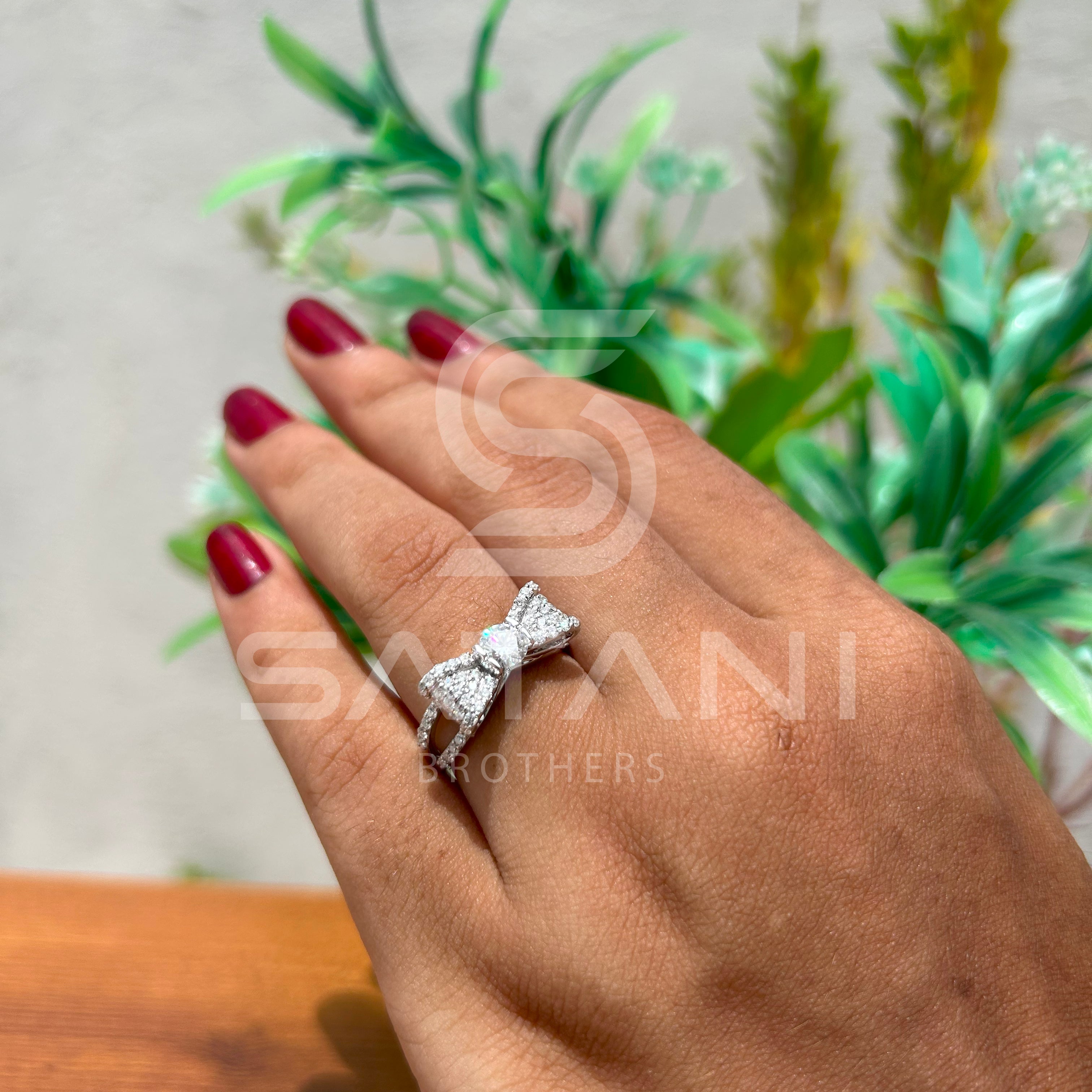 Moissanite Bow Engagement Ring – Round Cut Solitaire with Pave Diamond Accents, Unique Ribbon Design Bridal Ring, White Gold/Platinum"