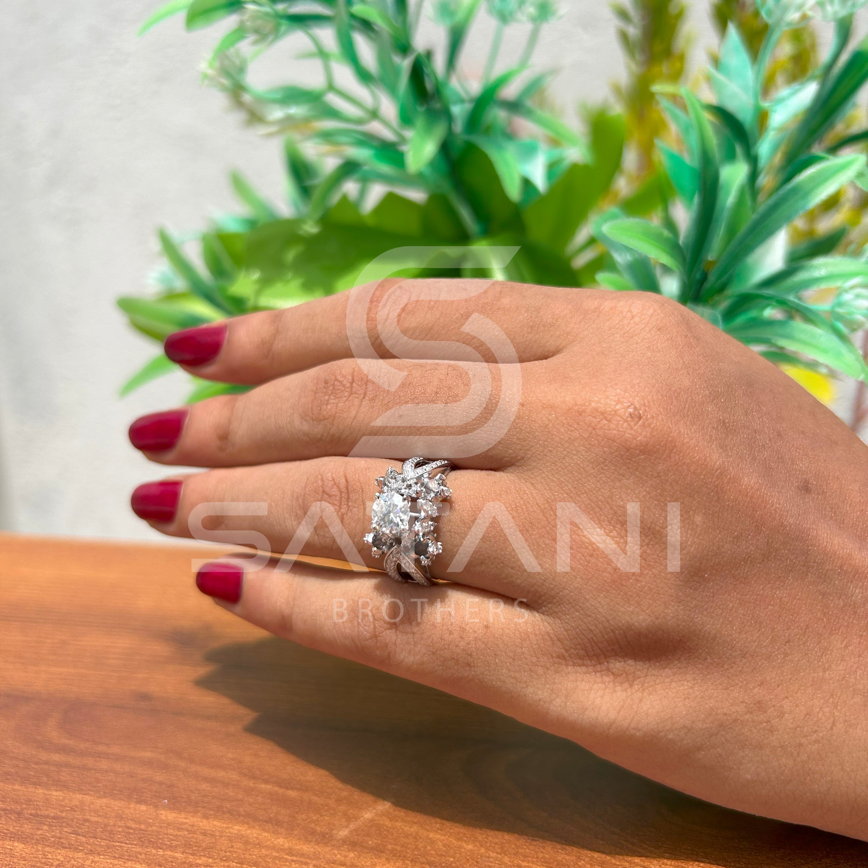 14K White Gold Unique Cluster Engagement Ring with Round Brilliant Cut Diamond & Pave Split Shank