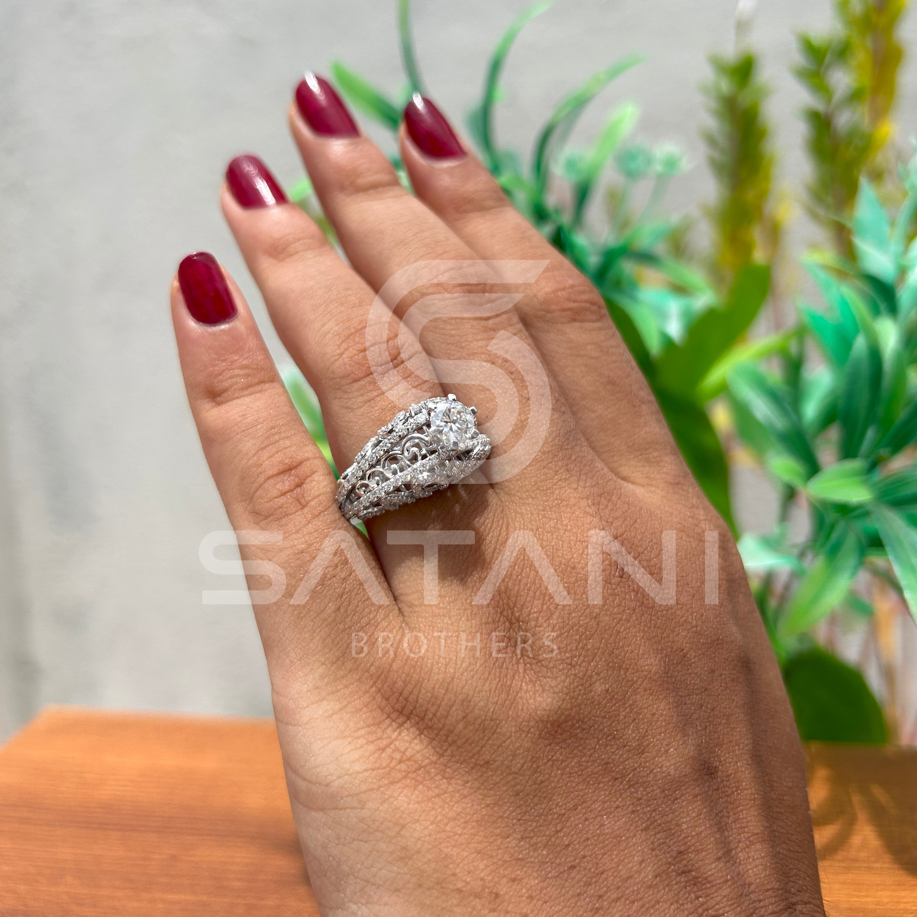 "Vintage-Inspired Oval Halo Engagement Ring – Triple Row Pave Band with Filigree Detailing"