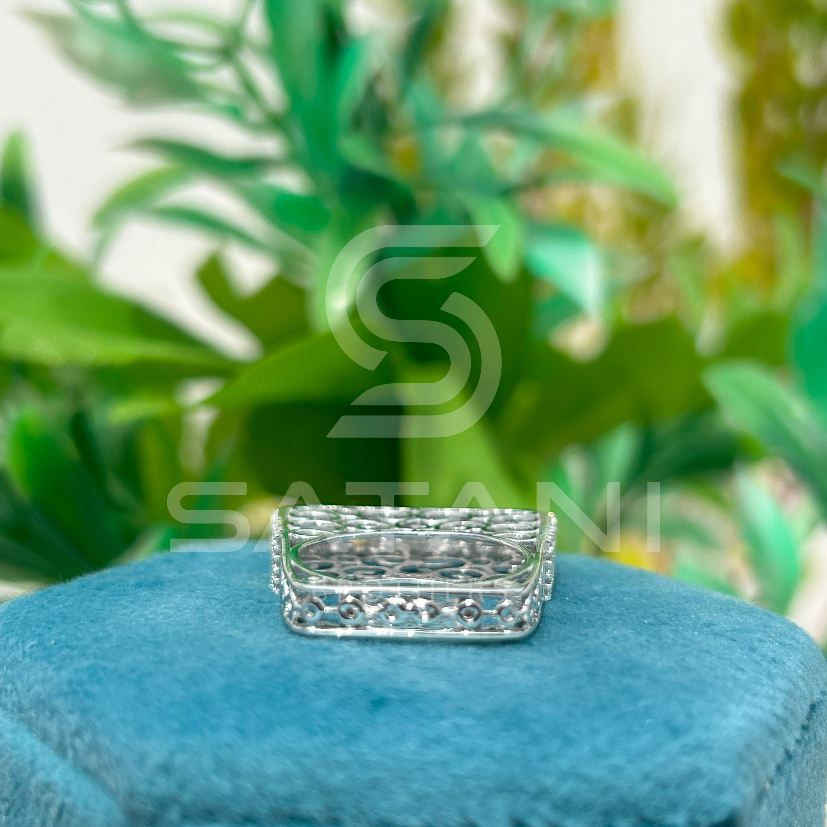 Elegant Wide Band Pave Diamond Ring – Multi-Row Rectangle Top with Filigree Design, Statement Cocktail Ring