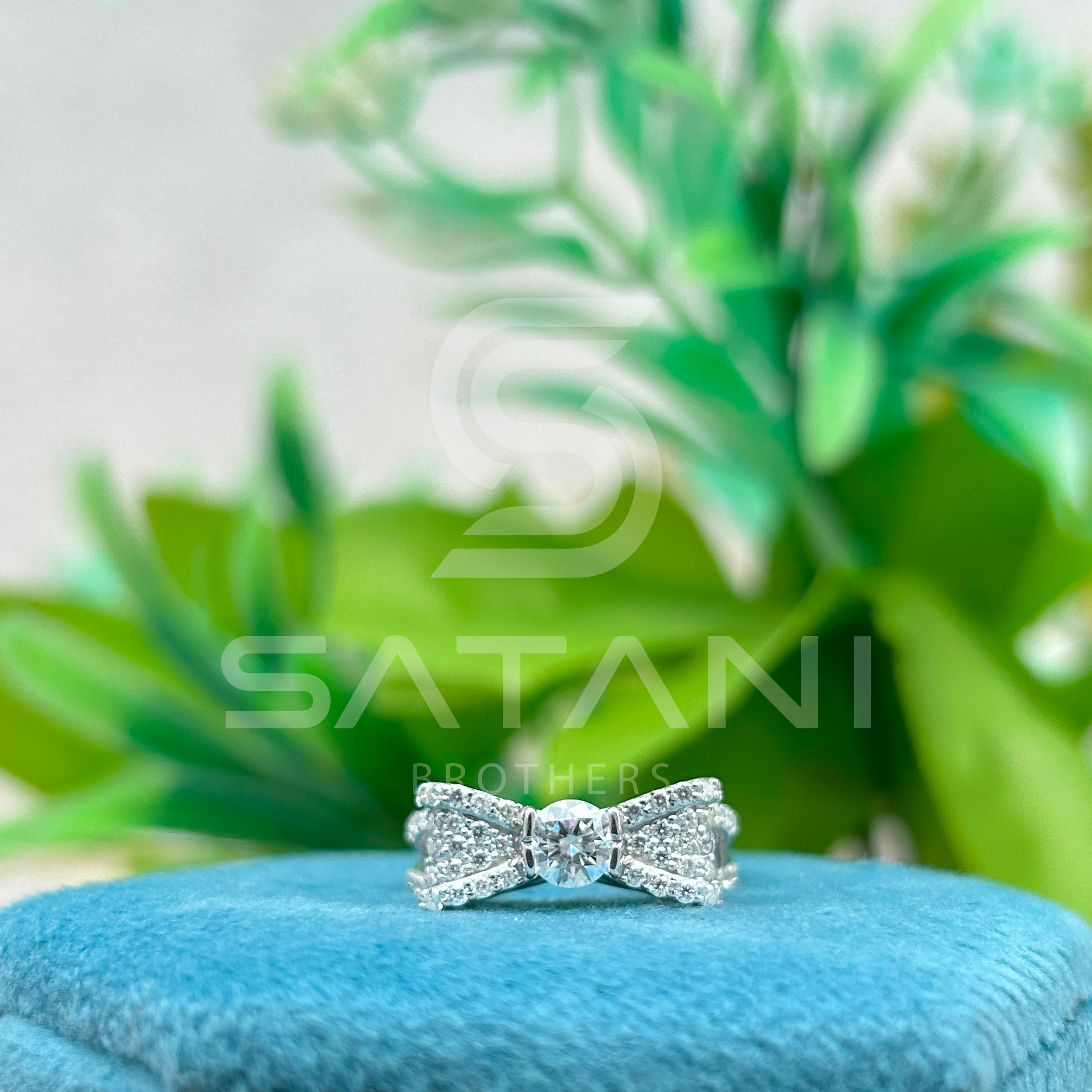 Moissanite Bow Engagement Ring – Round Cut Solitaire with Pave Diamond Accents, Unique Ribbon Design Bridal Ring, White Gold/Platinum"