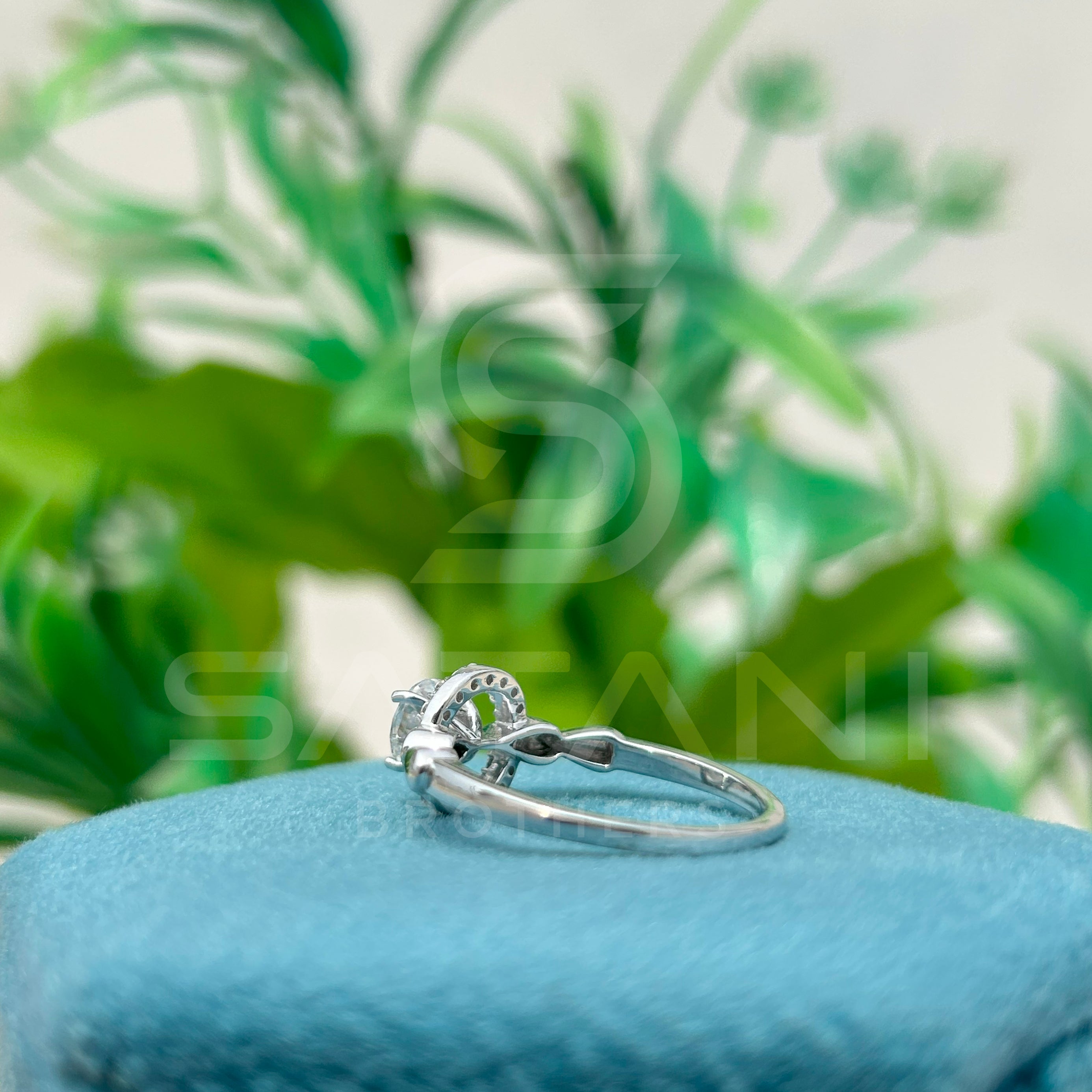 14K White Gold Halo Engagement Ring with Round Brilliant Cut Diamond & Pave Band
