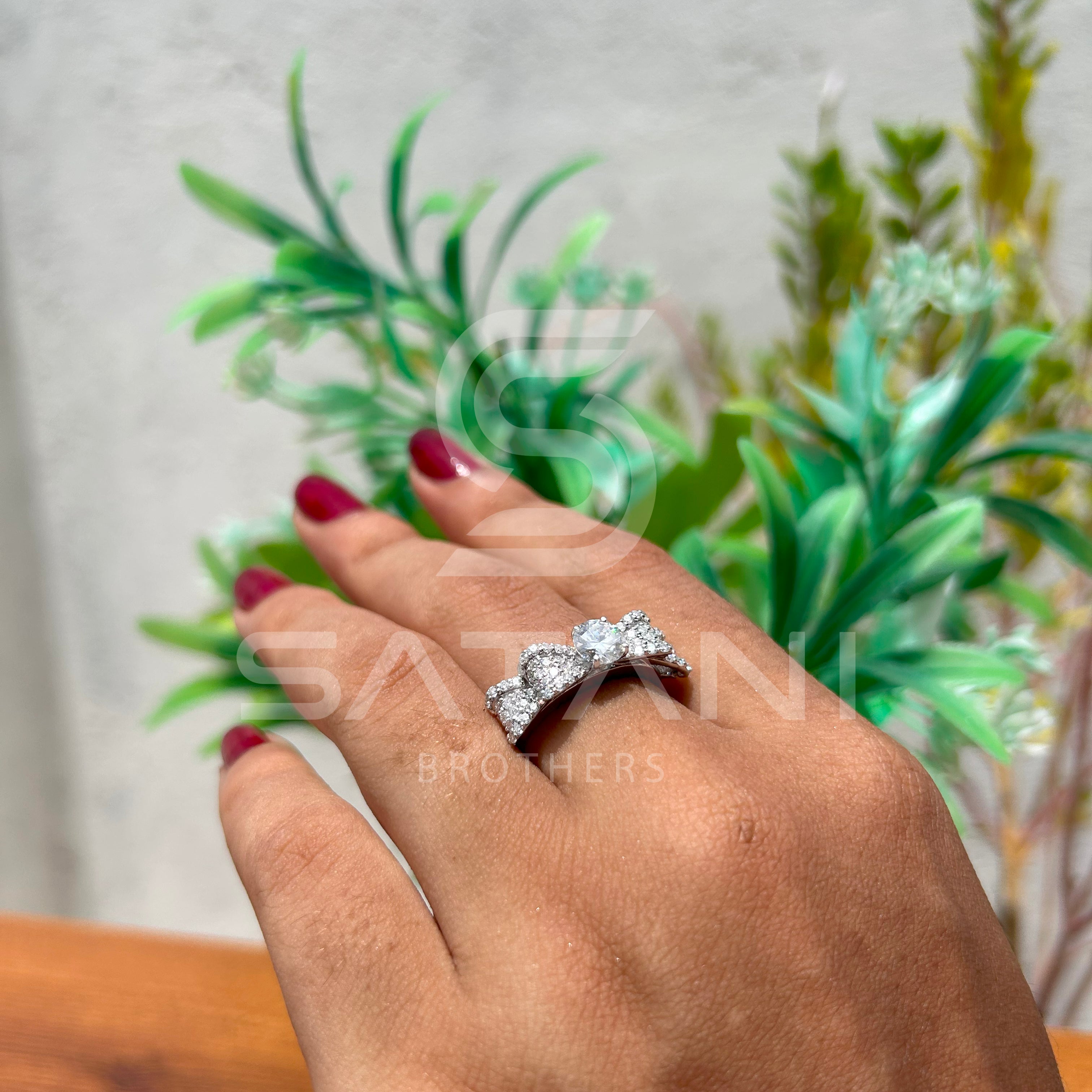 14K White Gold Bow Design Engagement Ring with Round Brilliant Cut Diamond & Pave Accents