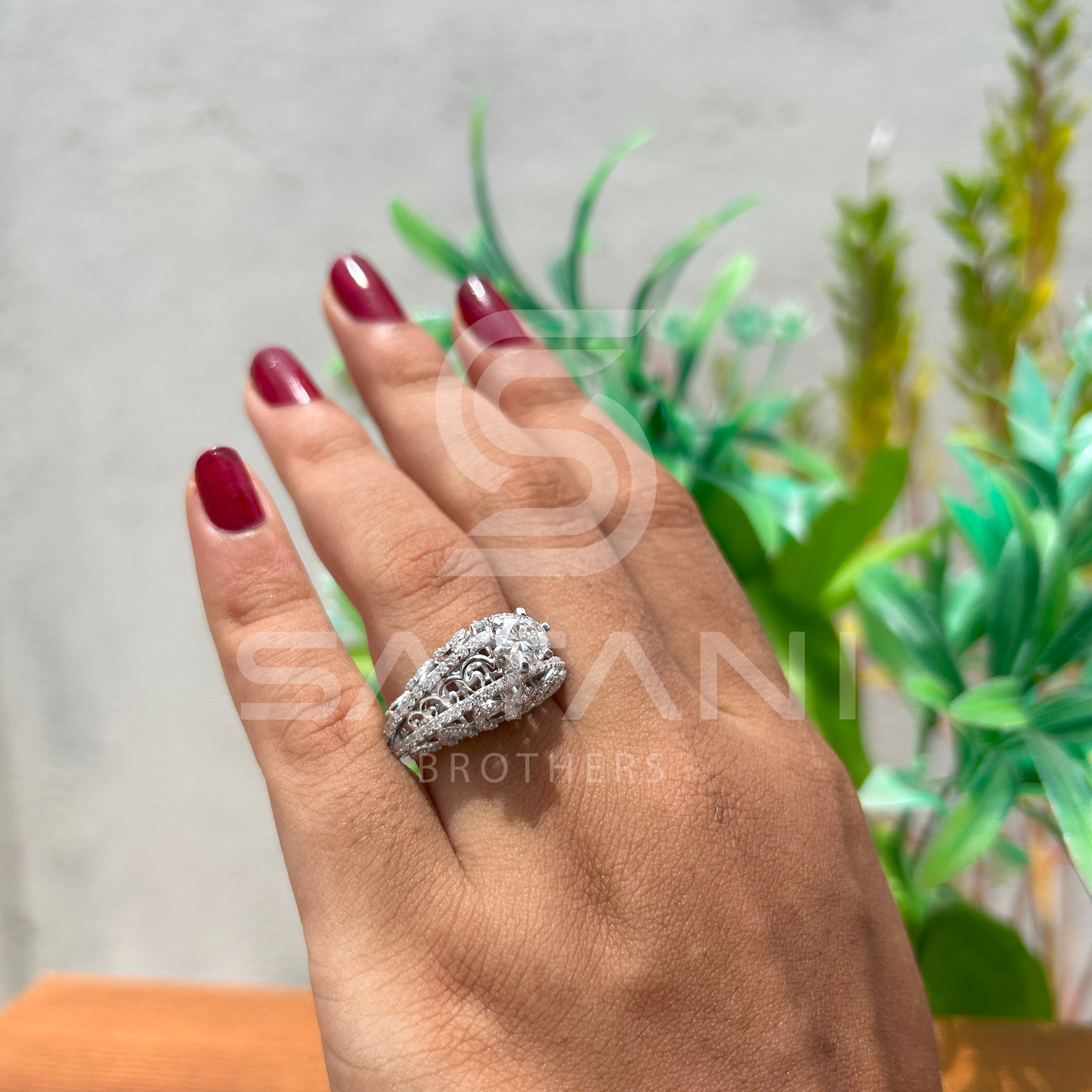 "Vintage-Inspired Oval Halo Engagement Ring – Triple Row Pave Band with Filigree Detailing"