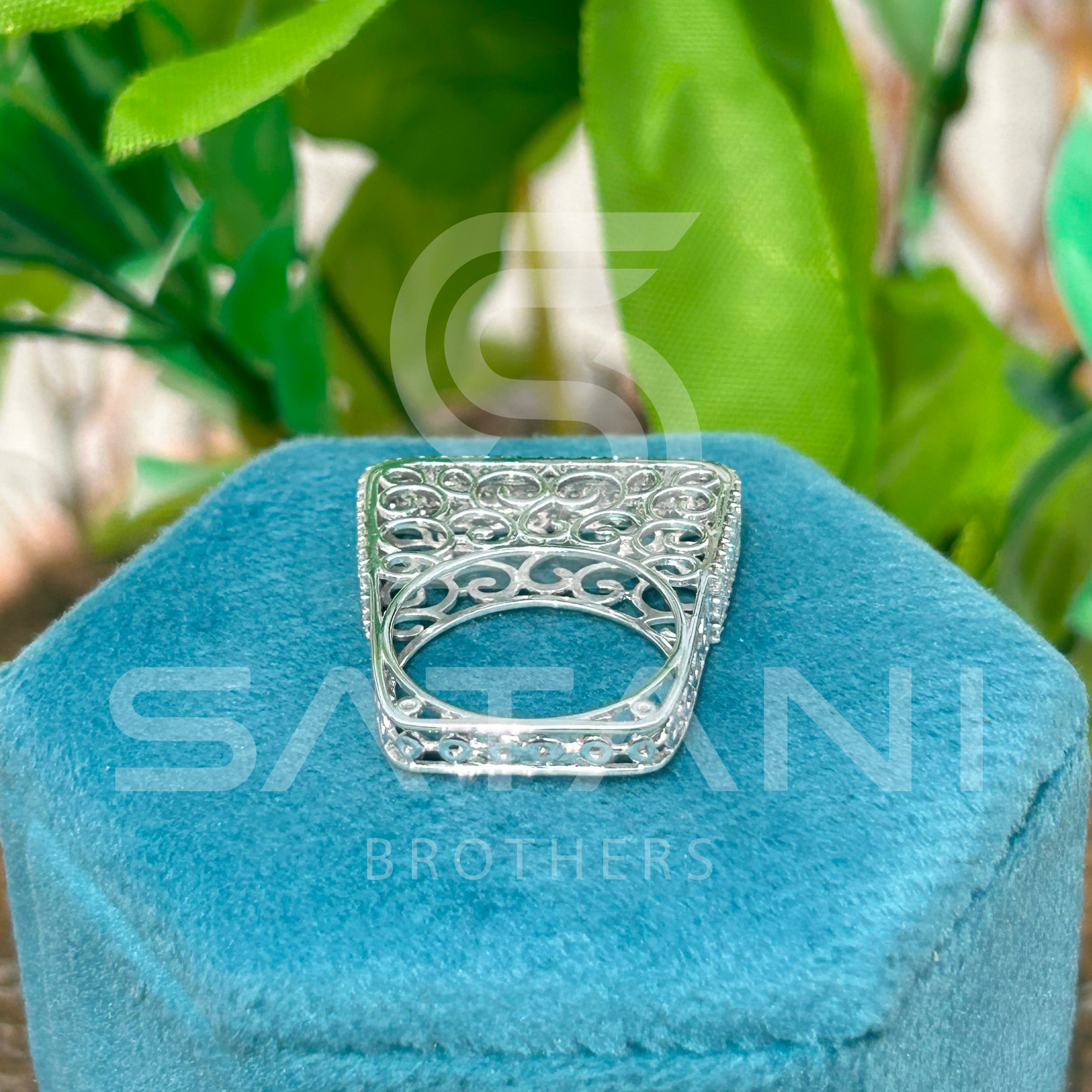 Elegant Wide Band Pave Diamond Ring – Multi-Row Rectangle Top with Filigree Design, Statement Cocktail Ring