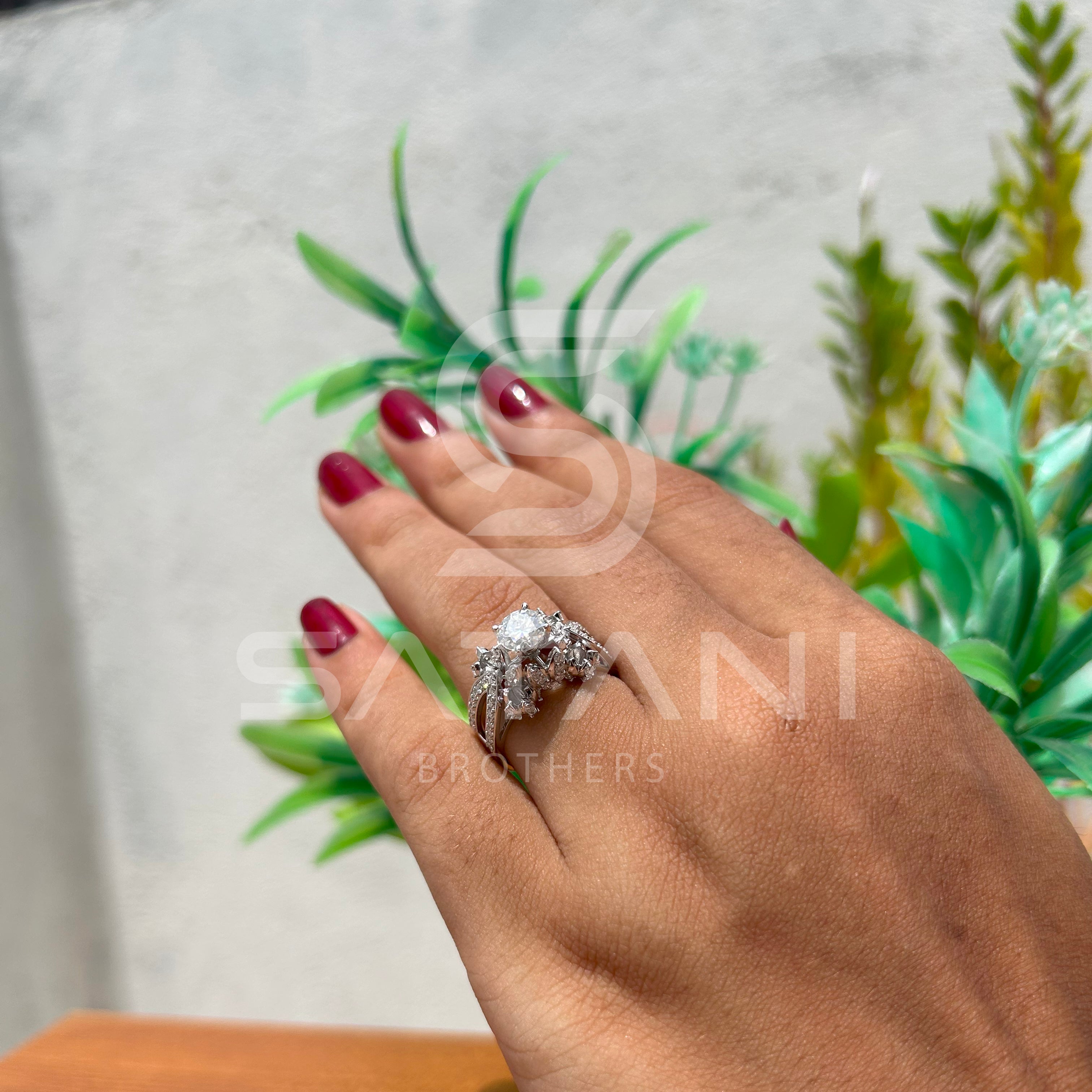 14K White Gold Unique Cluster Engagement Ring with Round Brilliant Cut Diamond & Pave Split Shank