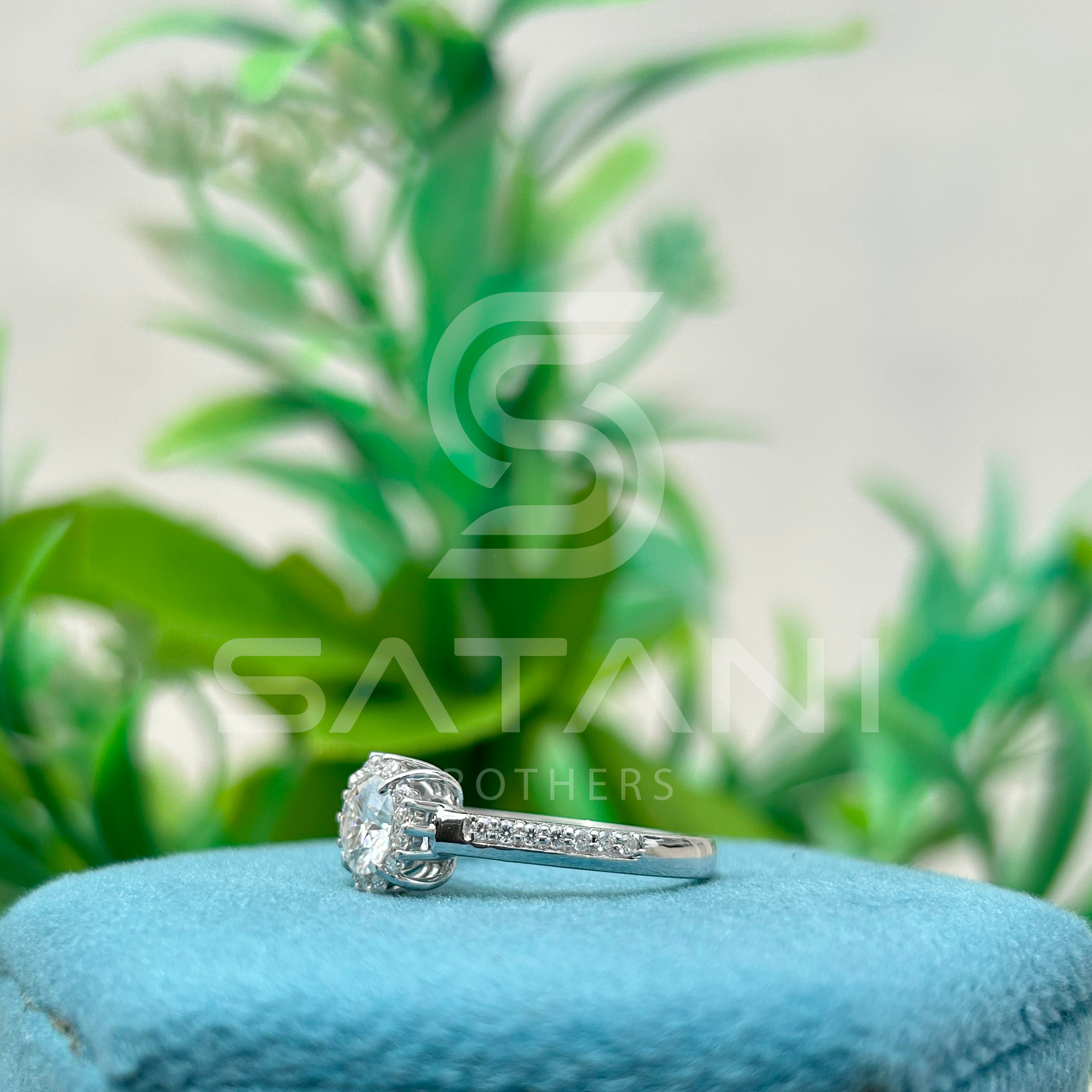 "Moissanite Halo Engagement Ring – Round Cut Solitaire with Dainty Pave Band, Classic Diamond Alternative Bridal Ring, White Gold/Platinum"