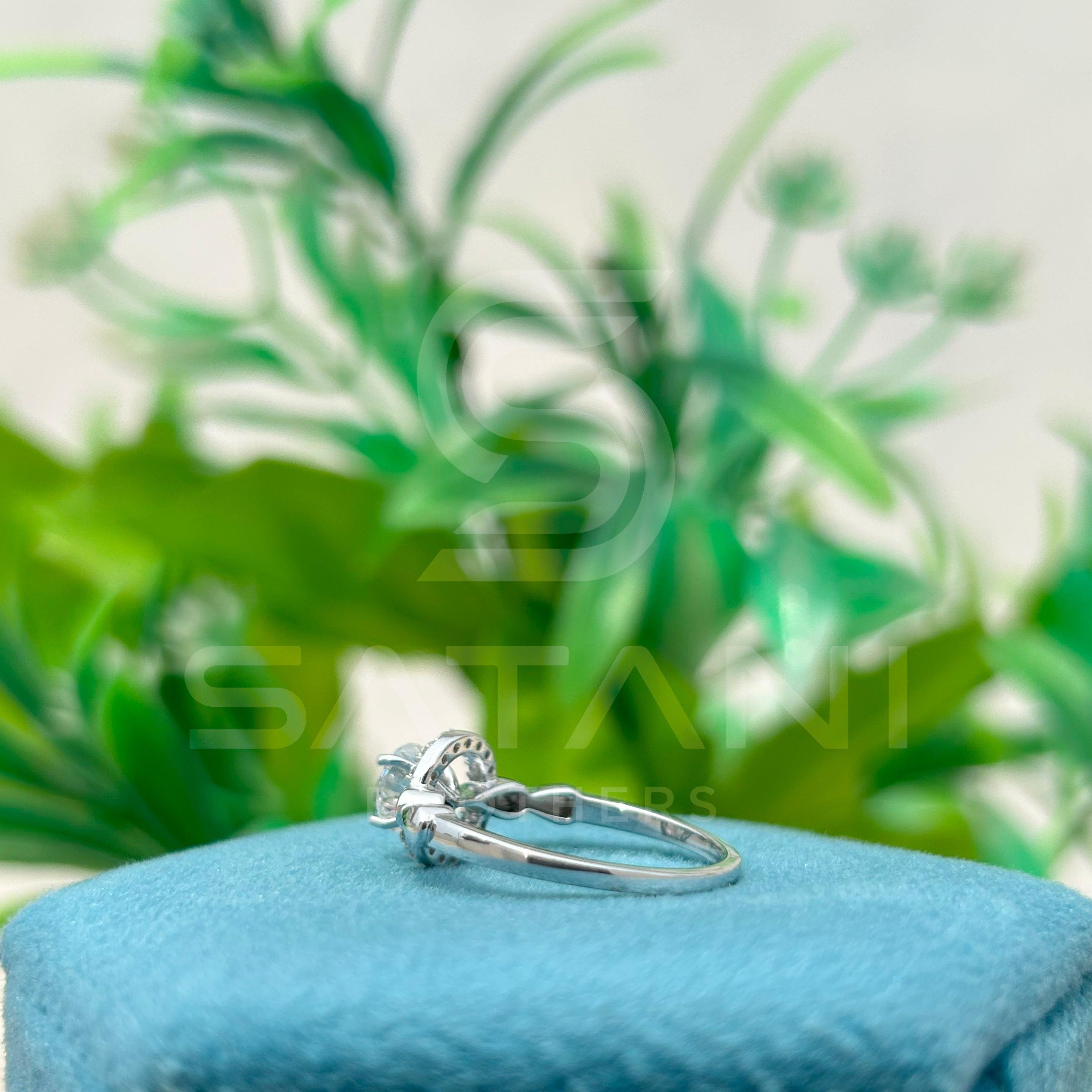 14K White Gold Halo Engagement Ring with Round Brilliant Cut Diamond & Pave Band
