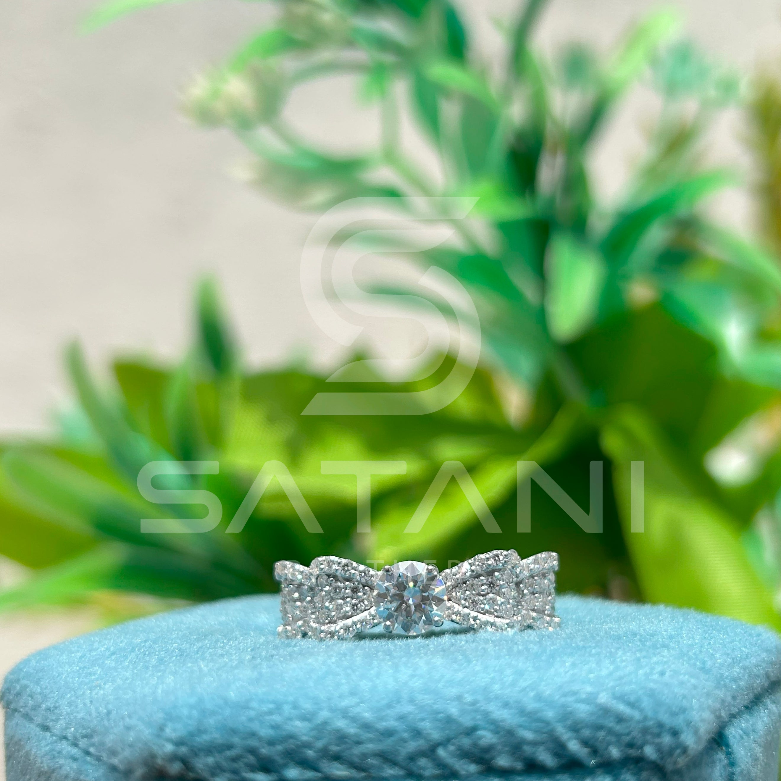 14K White Gold Bow Design Engagement Ring with Round Brilliant Cut Diamond & Pave Accents