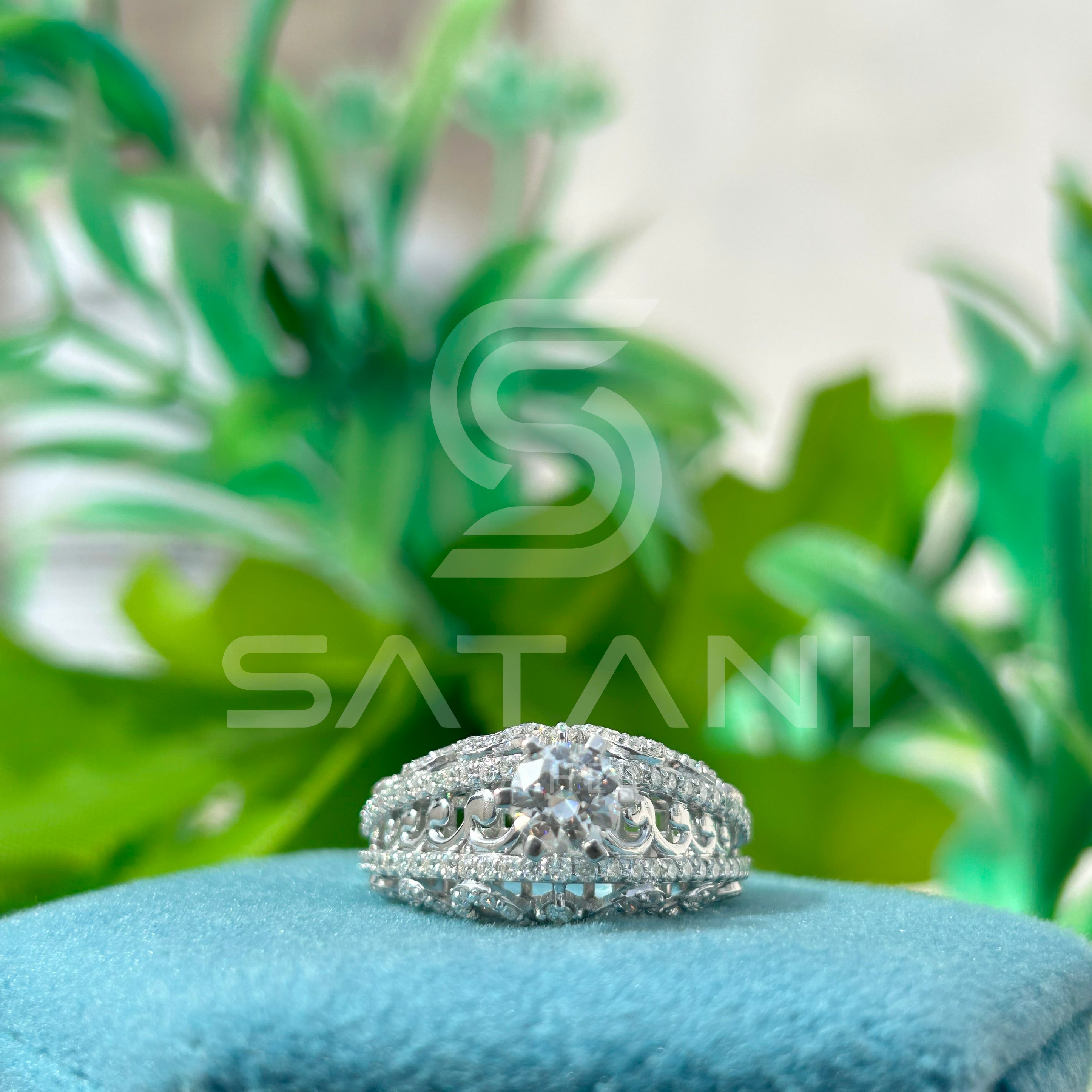 "Vintage-Inspired Oval Halo Engagement Ring – Triple Row Pave Band with Filigree Detailing"