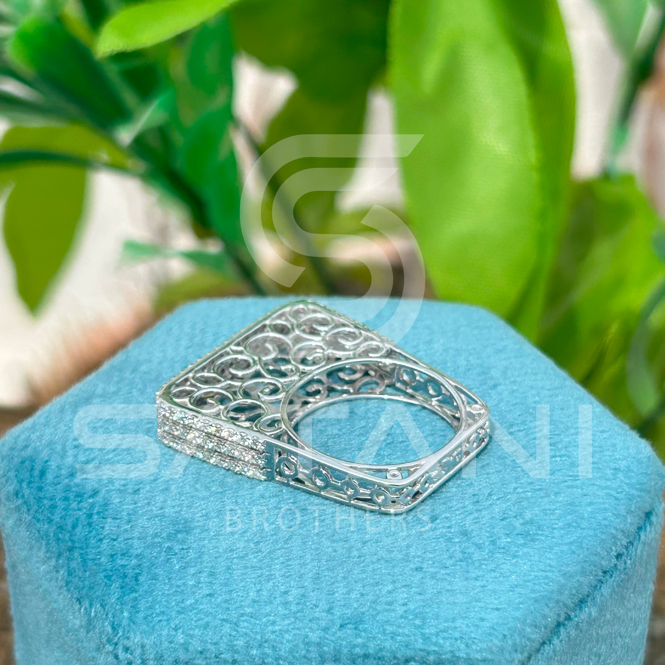Elegant Wide Band Pave Diamond Ring – Multi-Row Rectangle Top with Filigree Design, Statement Cocktail Ring
