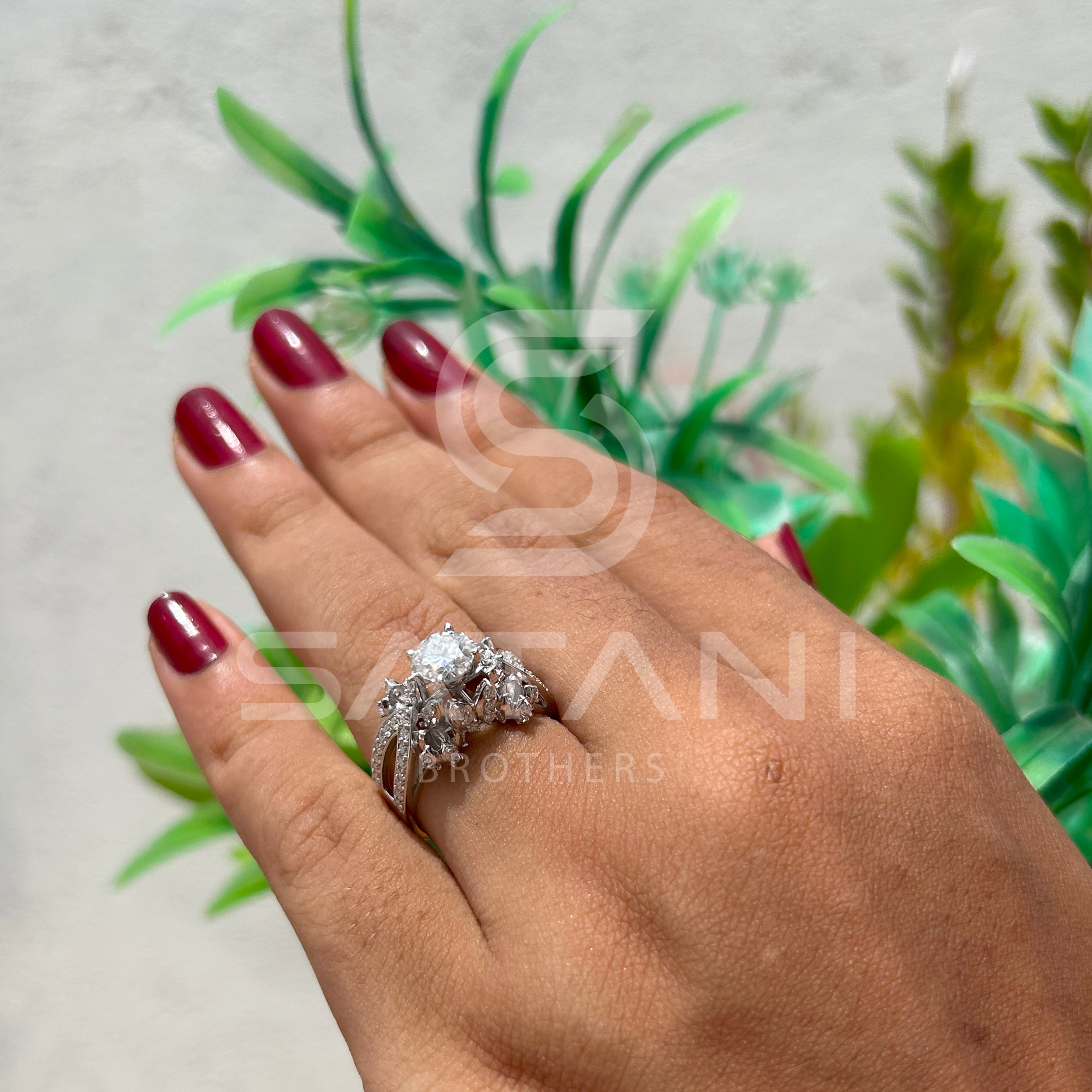 14K White Gold Unique Cluster Engagement Ring with Round Brilliant Cut Diamond & Pave Split Shank