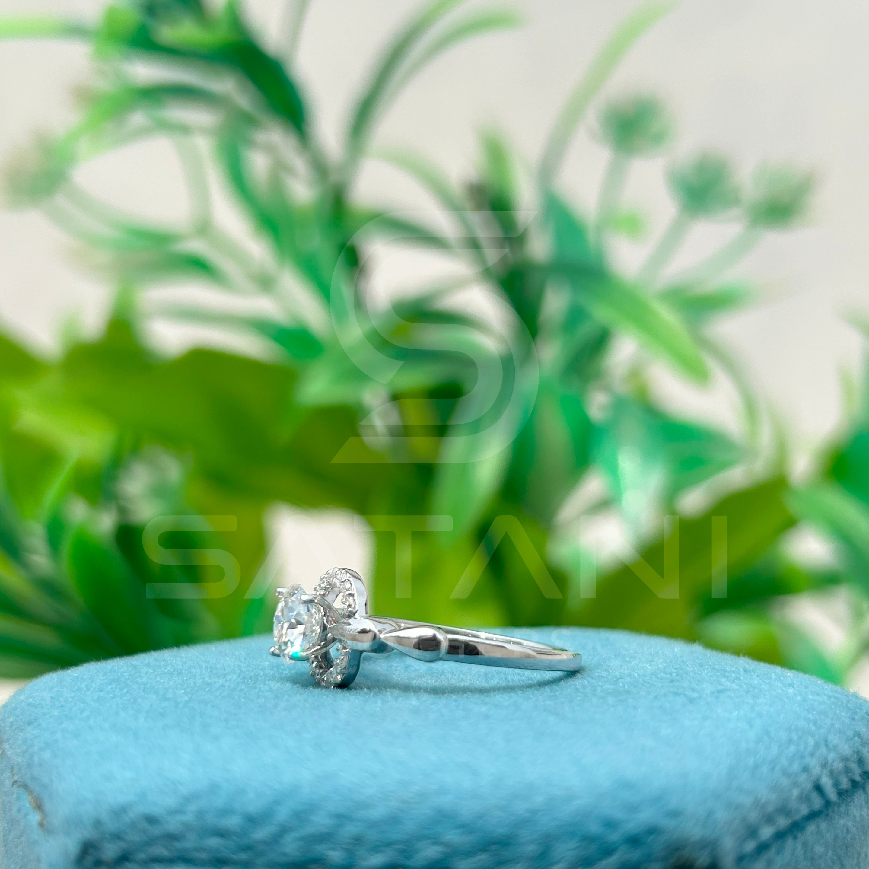 14K White Gold Halo Engagement Ring with Round Brilliant Cut Diamond & Pave Band