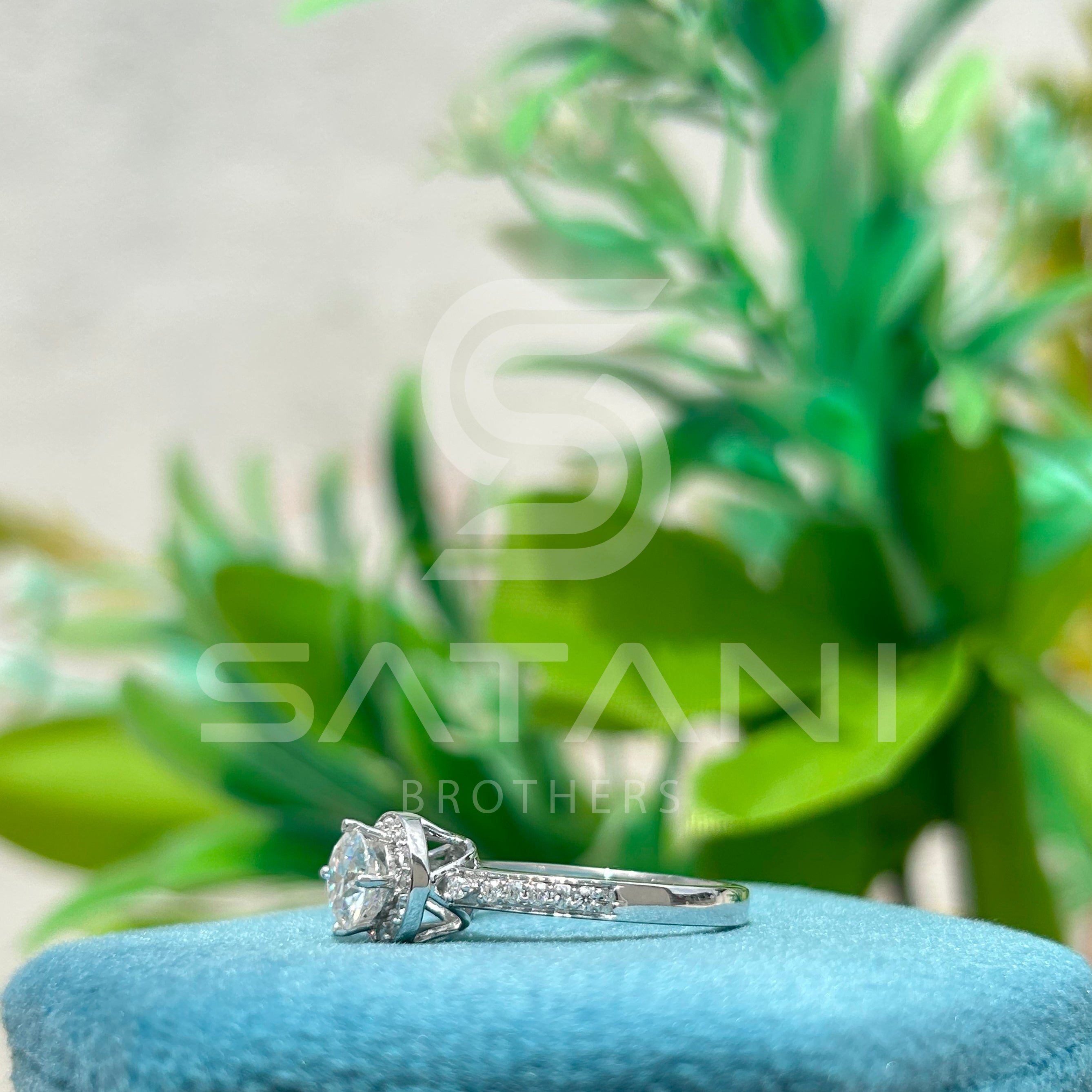 Moissanite Halo Engagement Ring – Round Cut Solitaire with Pave Band, Classic Diamond Alternative Bridal Ring, White Gold