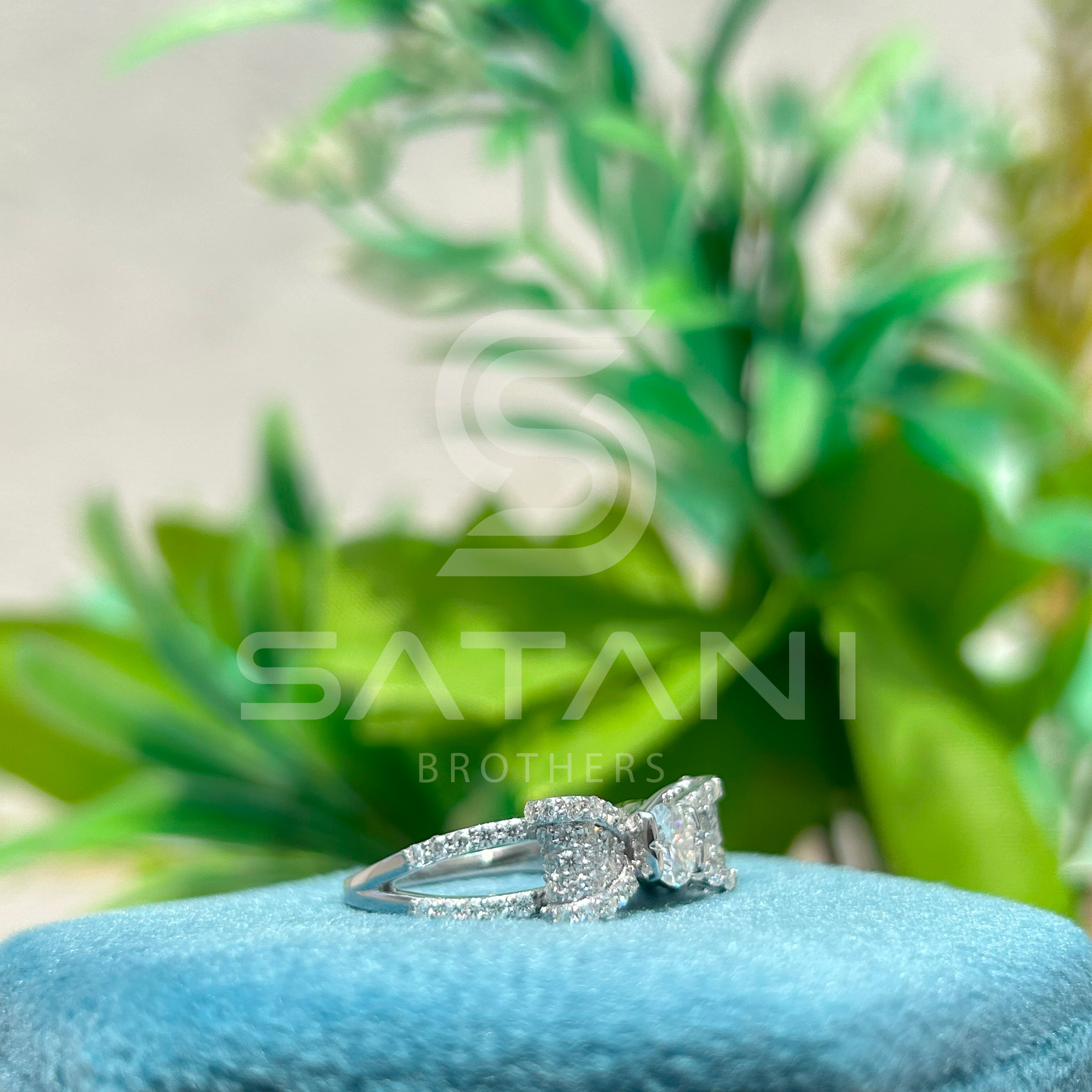 Moissanite Bow Engagement Ring – Round Cut Solitaire with Pave Diamond Accents, Unique Ribbon Design Bridal Ring, White Gold/Platinum"