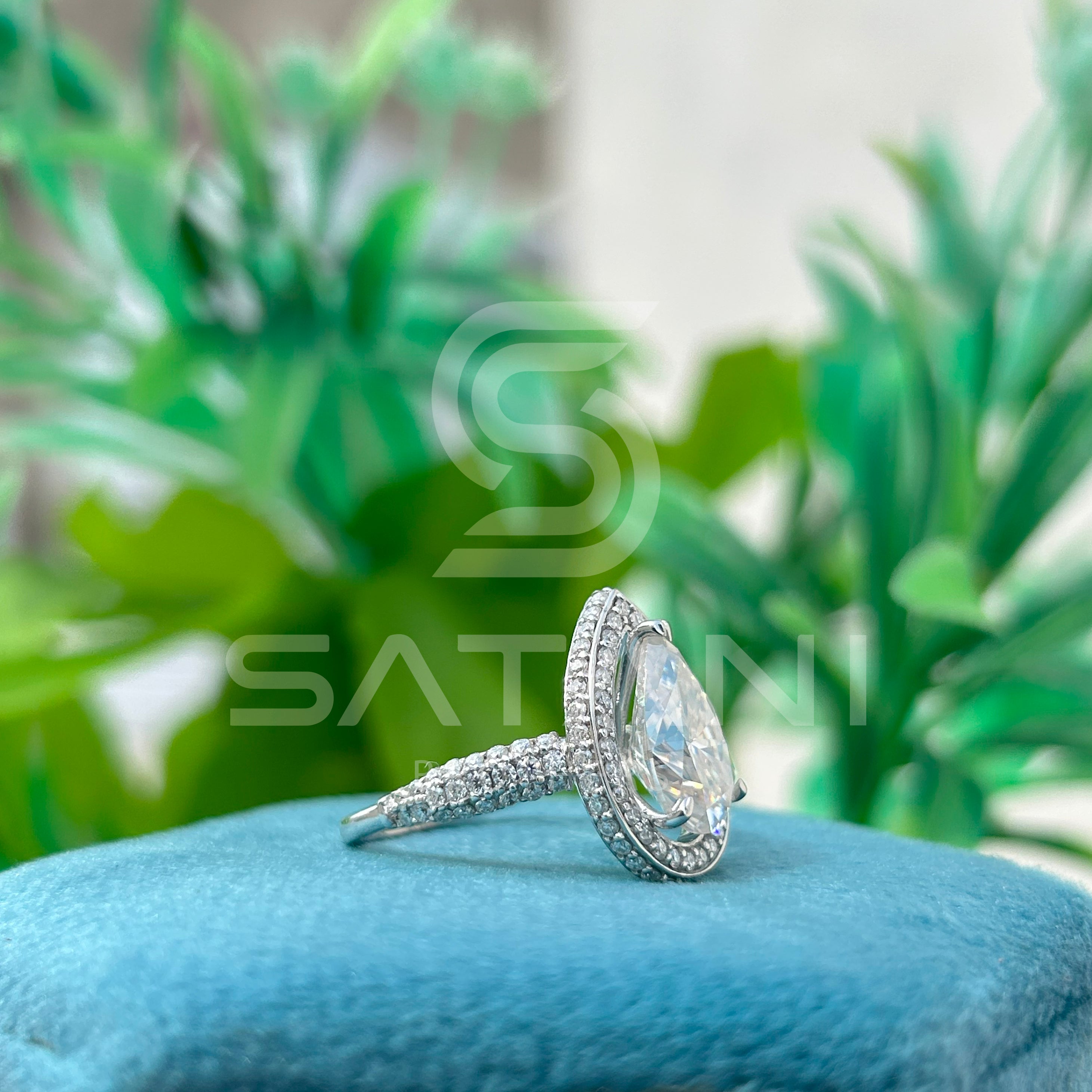 Pear Shape Moissanite Engagement Ring 12x8mm Center | 18K White Gold Halo Bridal Ring with Pave Band