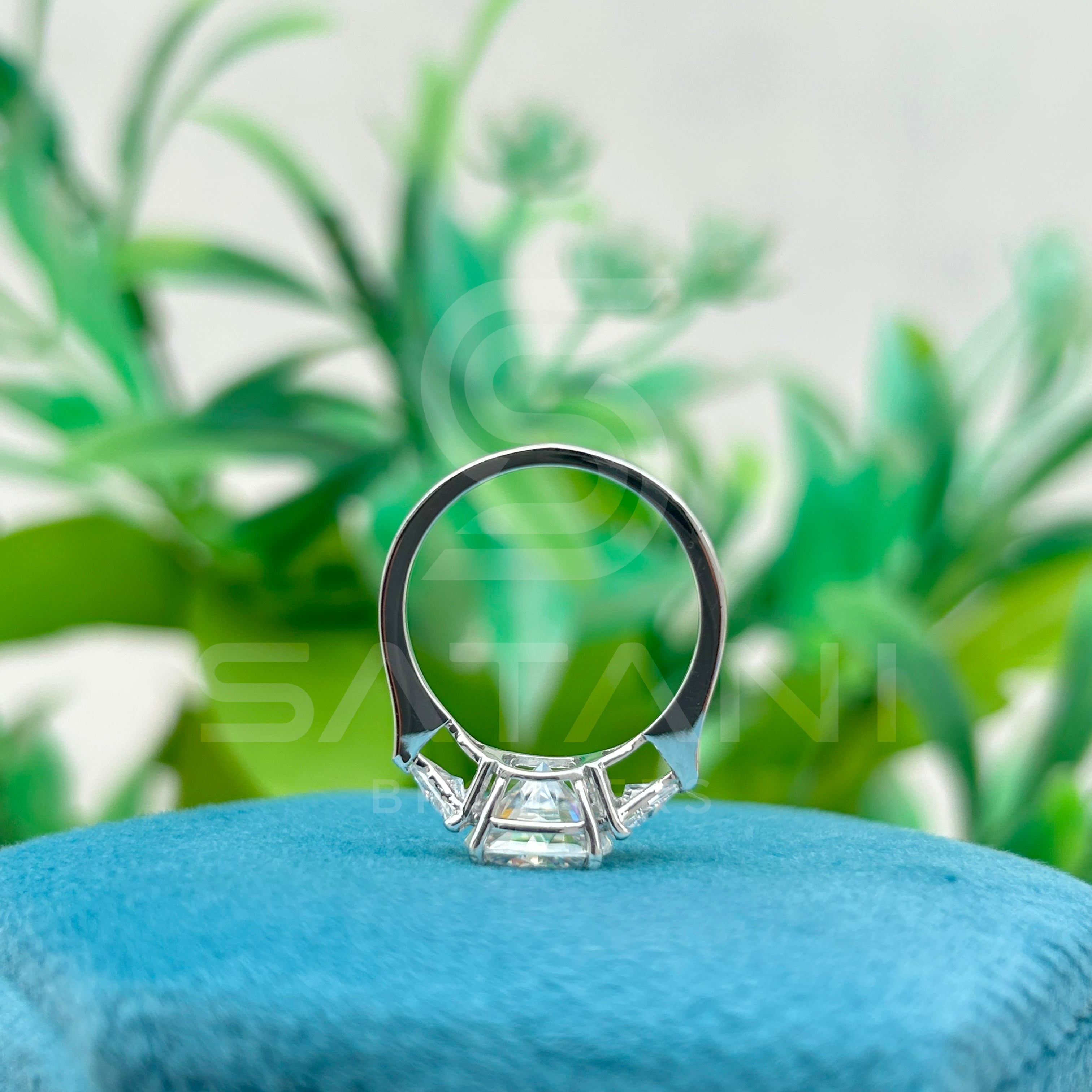 Cushion Cut Moissanite Engagement Ring with Triangle Side Stones | Three Stone Bridal Ring in White Gold