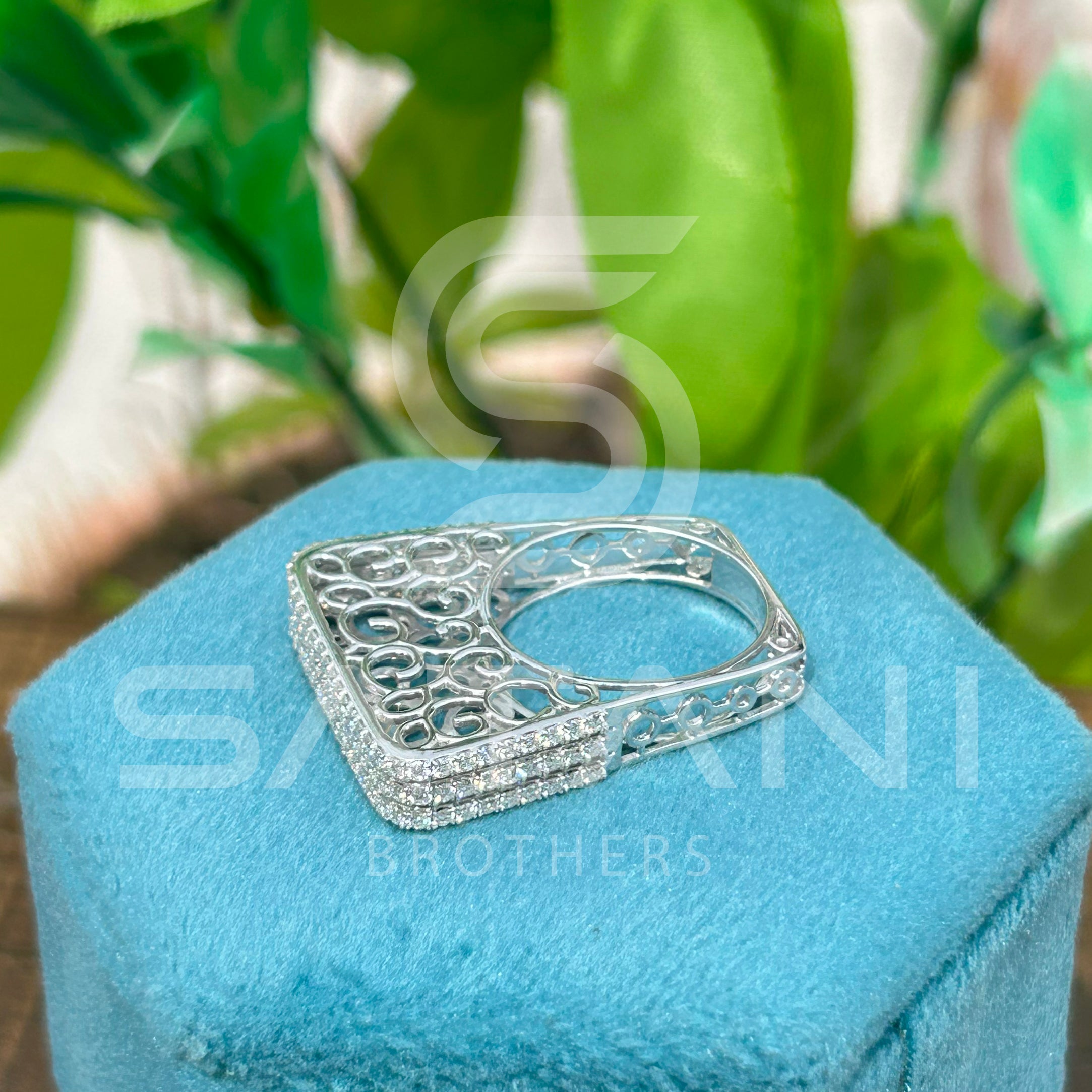 Elegant Wide Band Pave Diamond Ring – Multi-Row Rectangle Top with Filigree Design, Statement Cocktail Ring