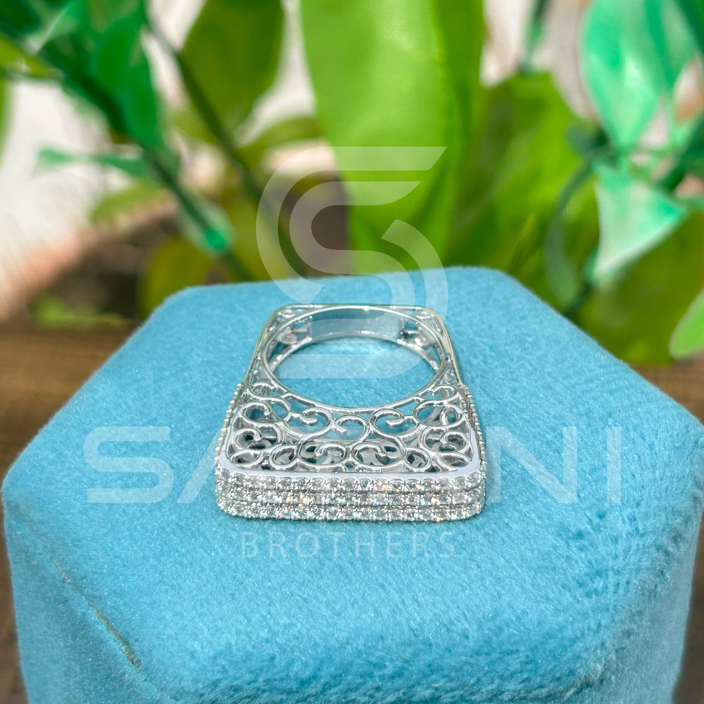 Elegant Wide Band Pave Diamond Ring – Multi-Row Rectangle Top with Filigree Design, Statement Cocktail Ring