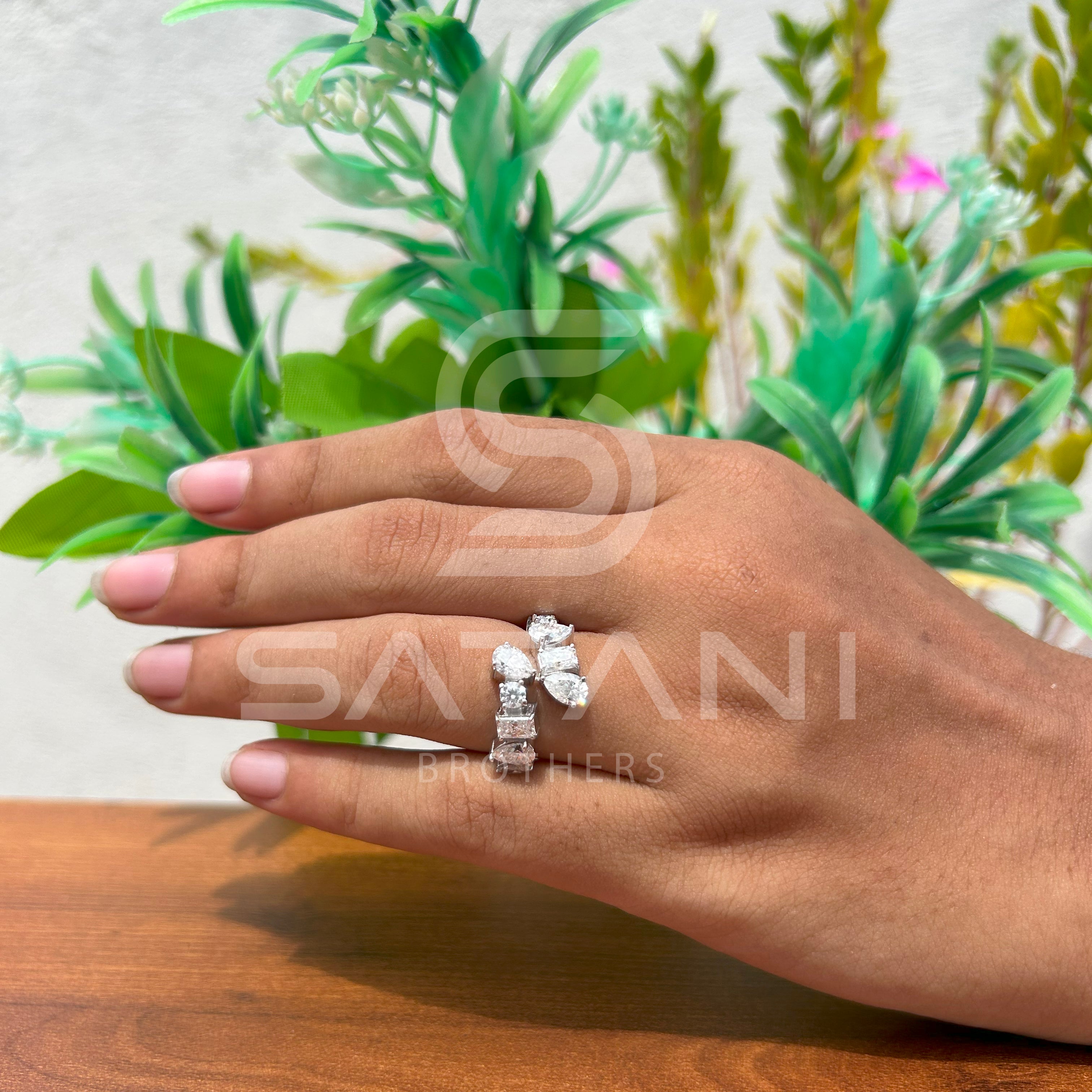 Diamond Band Ring with Emerald, Round, Pear & Marquise Cut Stones | 925 Silver Multi-Shape Diamond Ring | Elegant Anniversary or Wedding Band