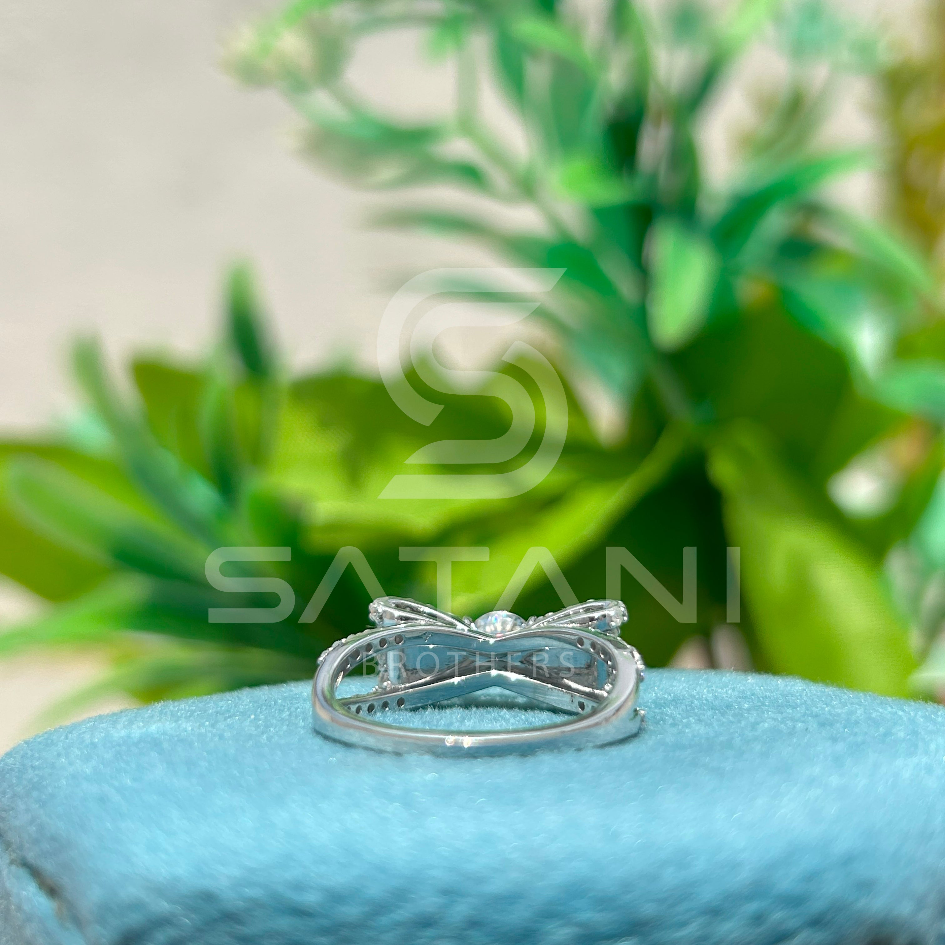 Moissanite Bow Engagement Ring – Round Cut Solitaire with Pave Diamond Accents, Unique Ribbon Design Bridal Ring, White Gold/Platinum"